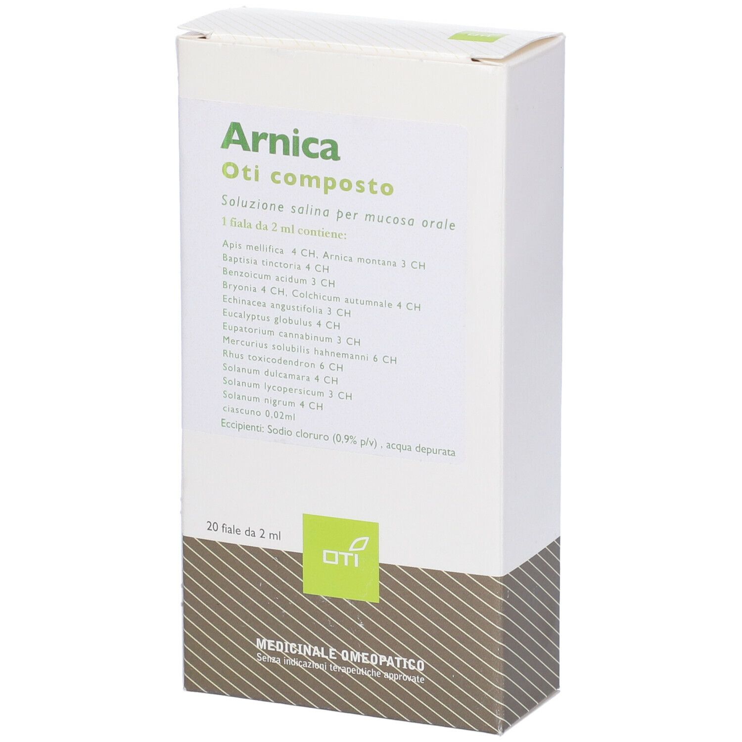 Scatola con nome prodotto Arnica Oti composto. 20 fiale.