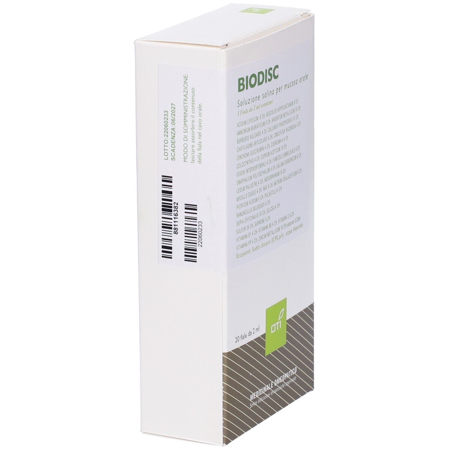 Vista laterale della scatola bianca. Codice a barre e numero di lotto. Logo BIODISC e logo OTI.