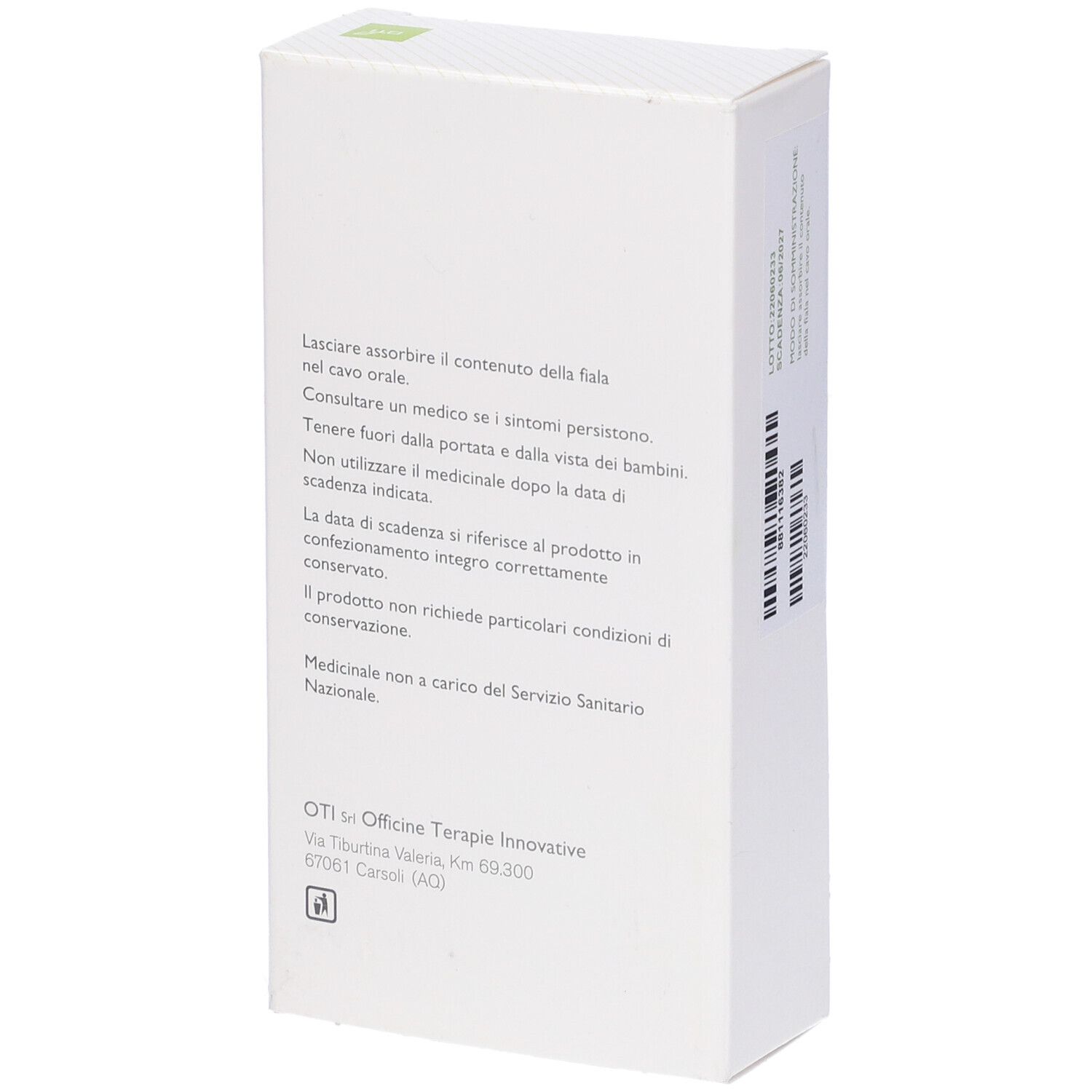 Retro della scatola bianca. Testo con istruzioni per l'uso e avvertenze. Logo OTI.