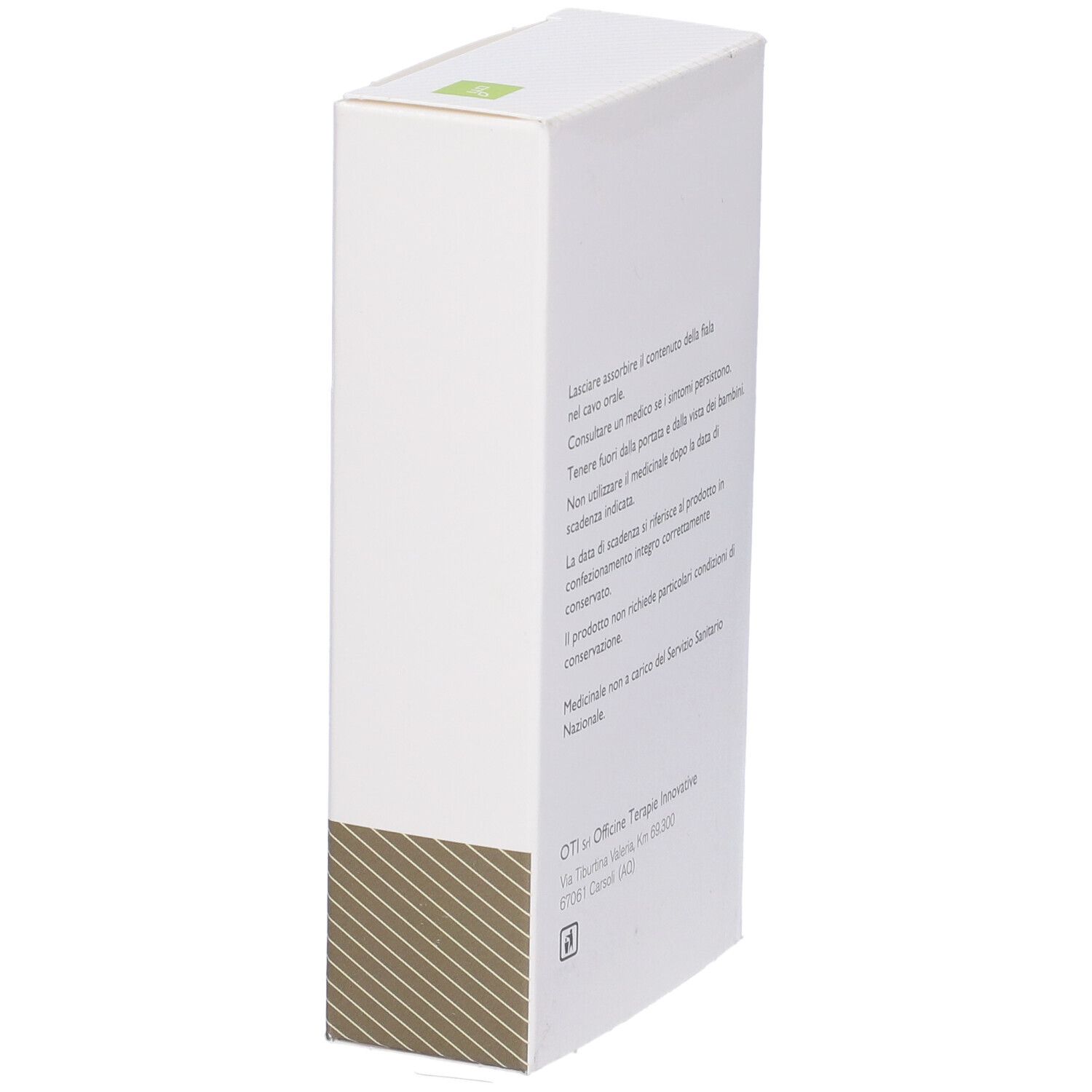 Vista laterale della scatola bianca. Testo con istruzioni per l'uso. Logo OTI e indirizzo.