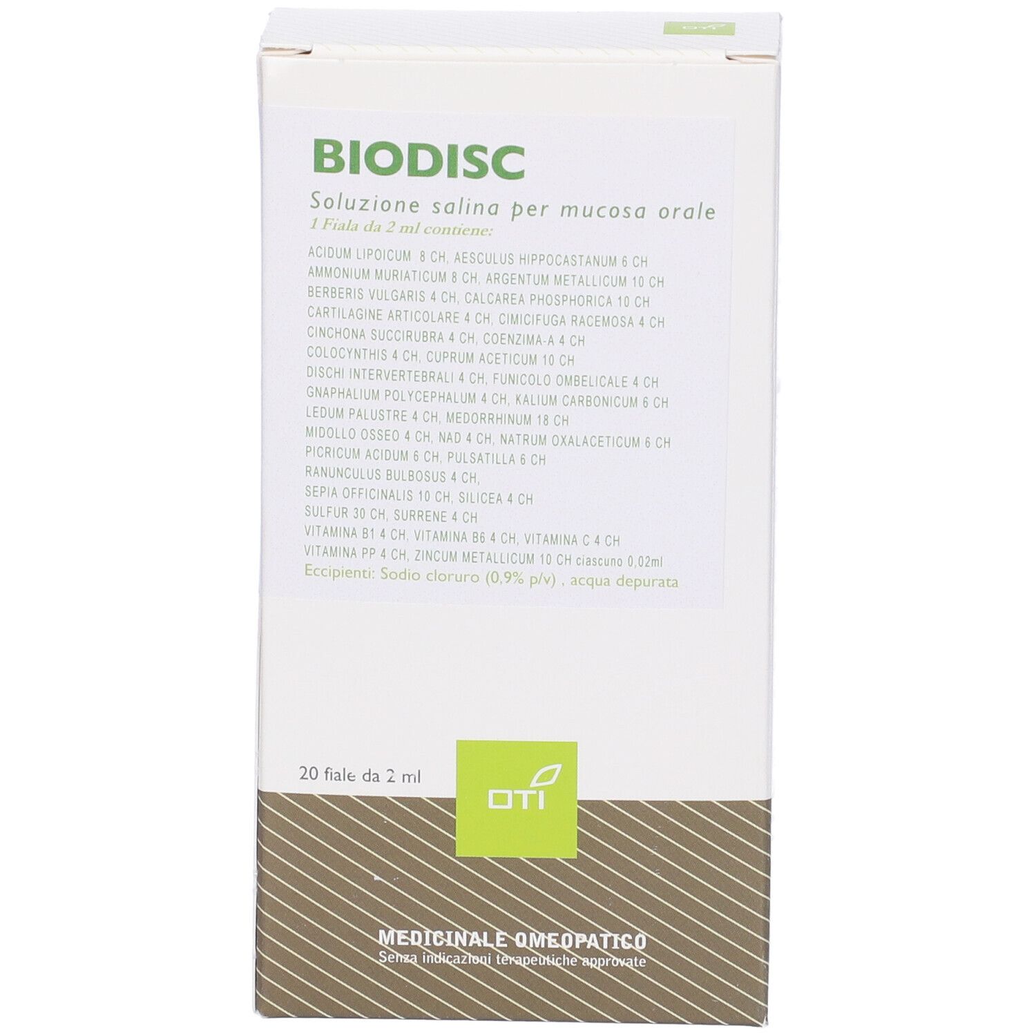 Scatola bianca BIODISC. Contiene 20 fiale. Logo OTI in basso a destra. Elenco ingredienti.