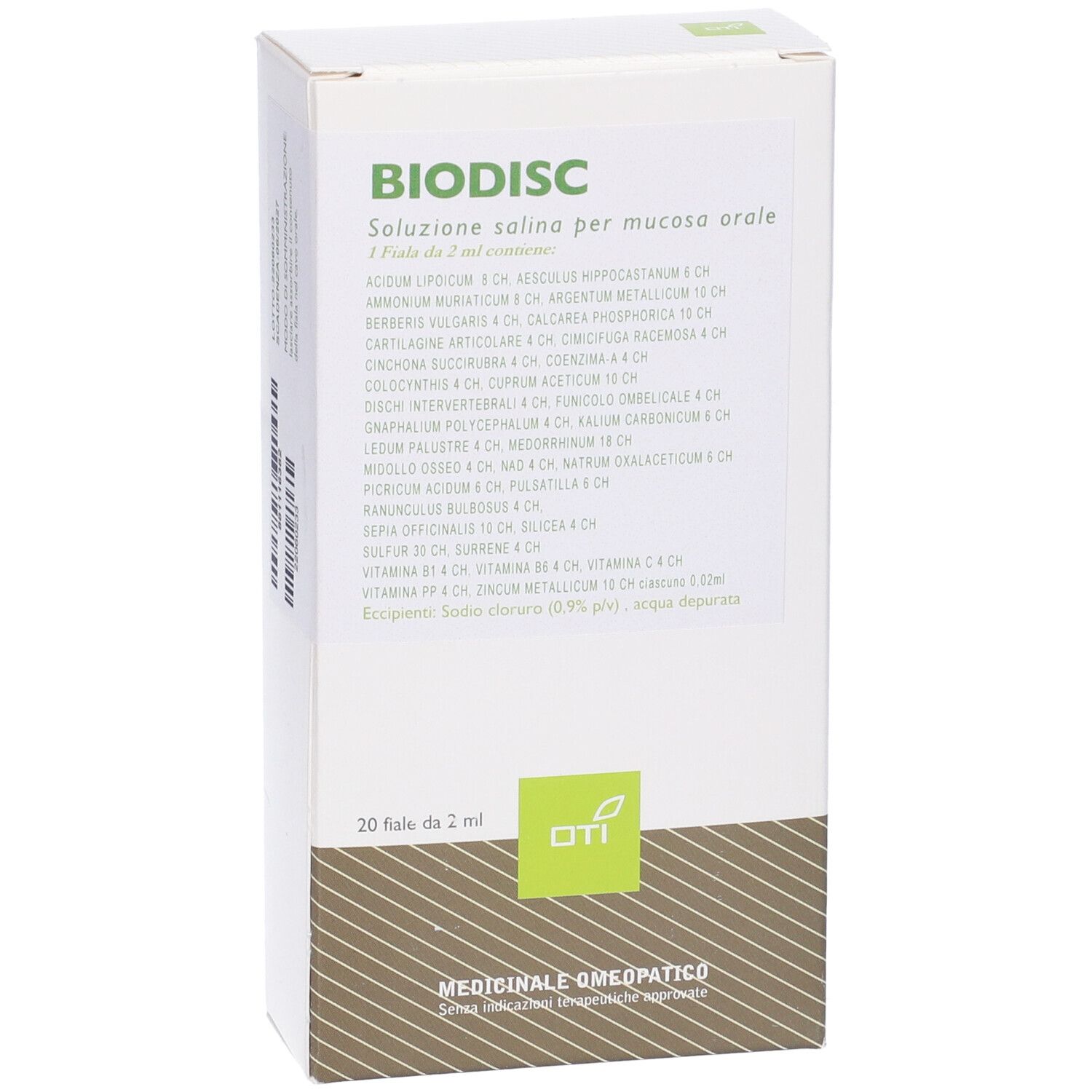Scatola bianca BIODISC. Contiene 20 fiale. Logo OTI in basso a destra. Elenco ingredienti.