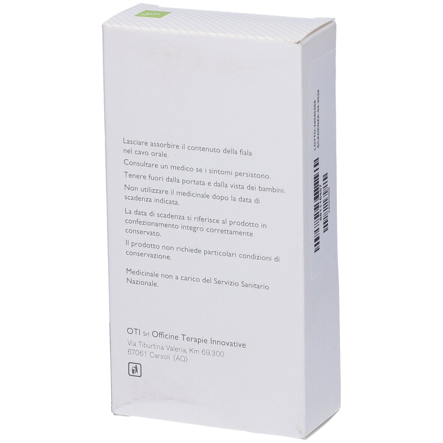 Scatola bianca con testo. Logo OTI in basso a sinistra. Testo su uso e conservazione.