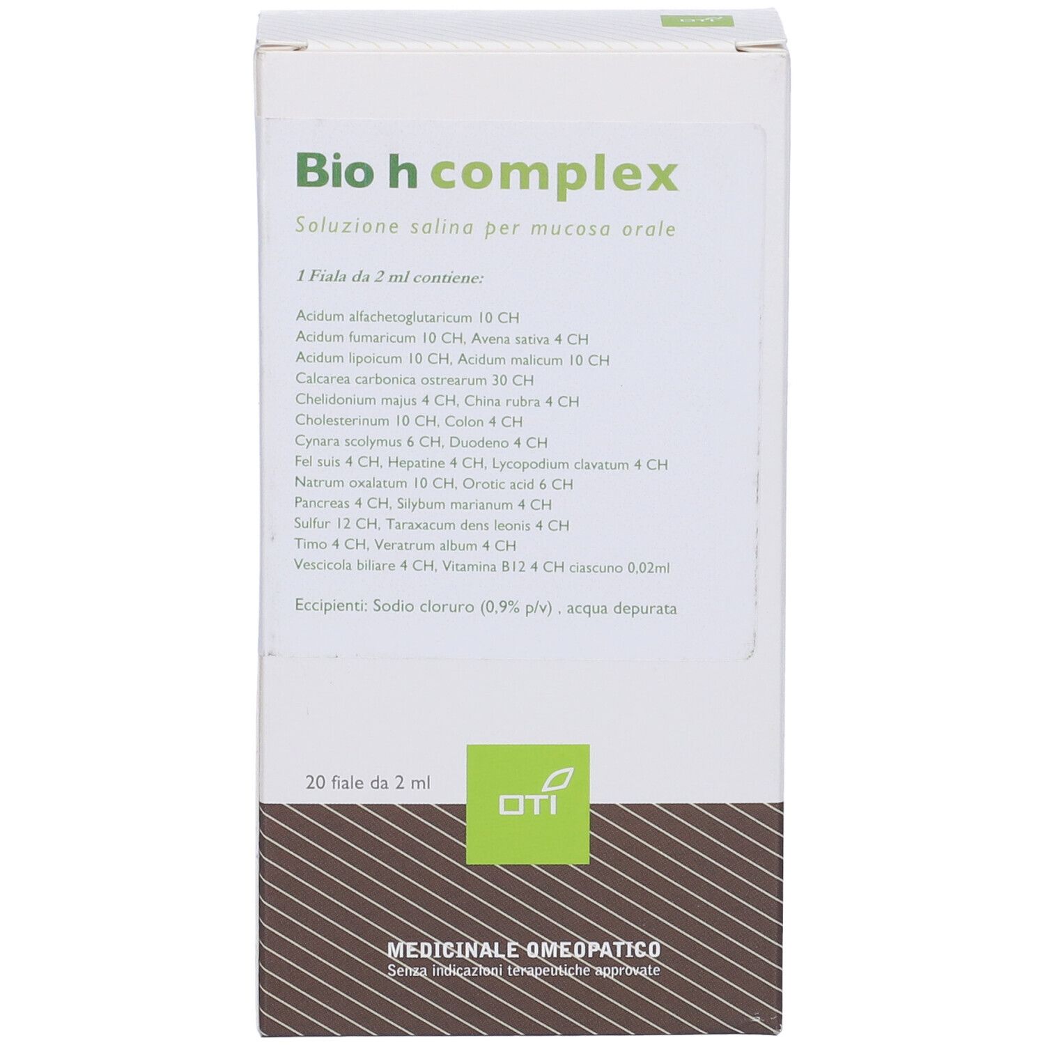 Scatola bianca Bio h complex. Contiene 20 fiale. Logo OTI in basso a destra.