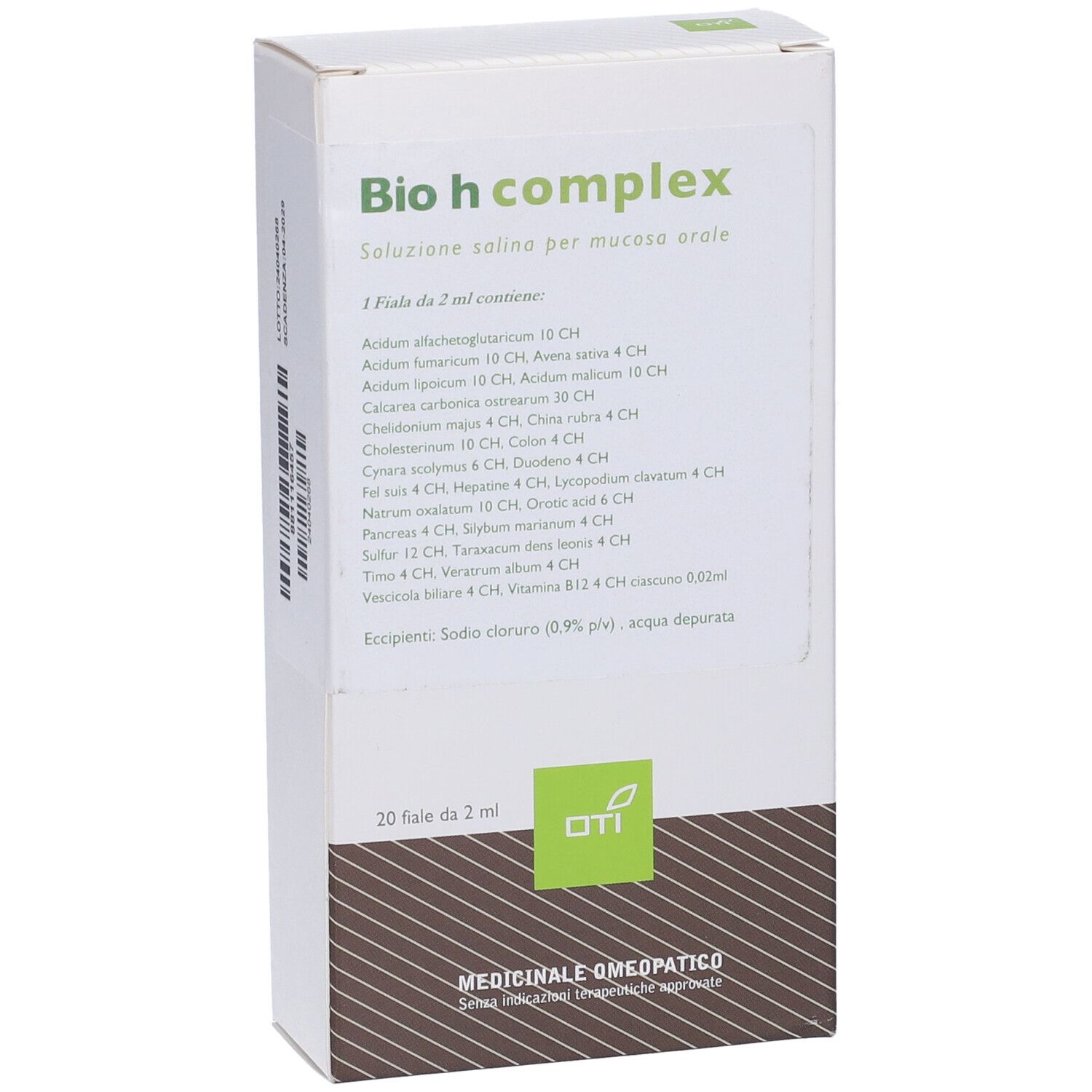 Scatola bianca Bio h complex. Contiene 20 fiale. Logo OTI in basso a destra.