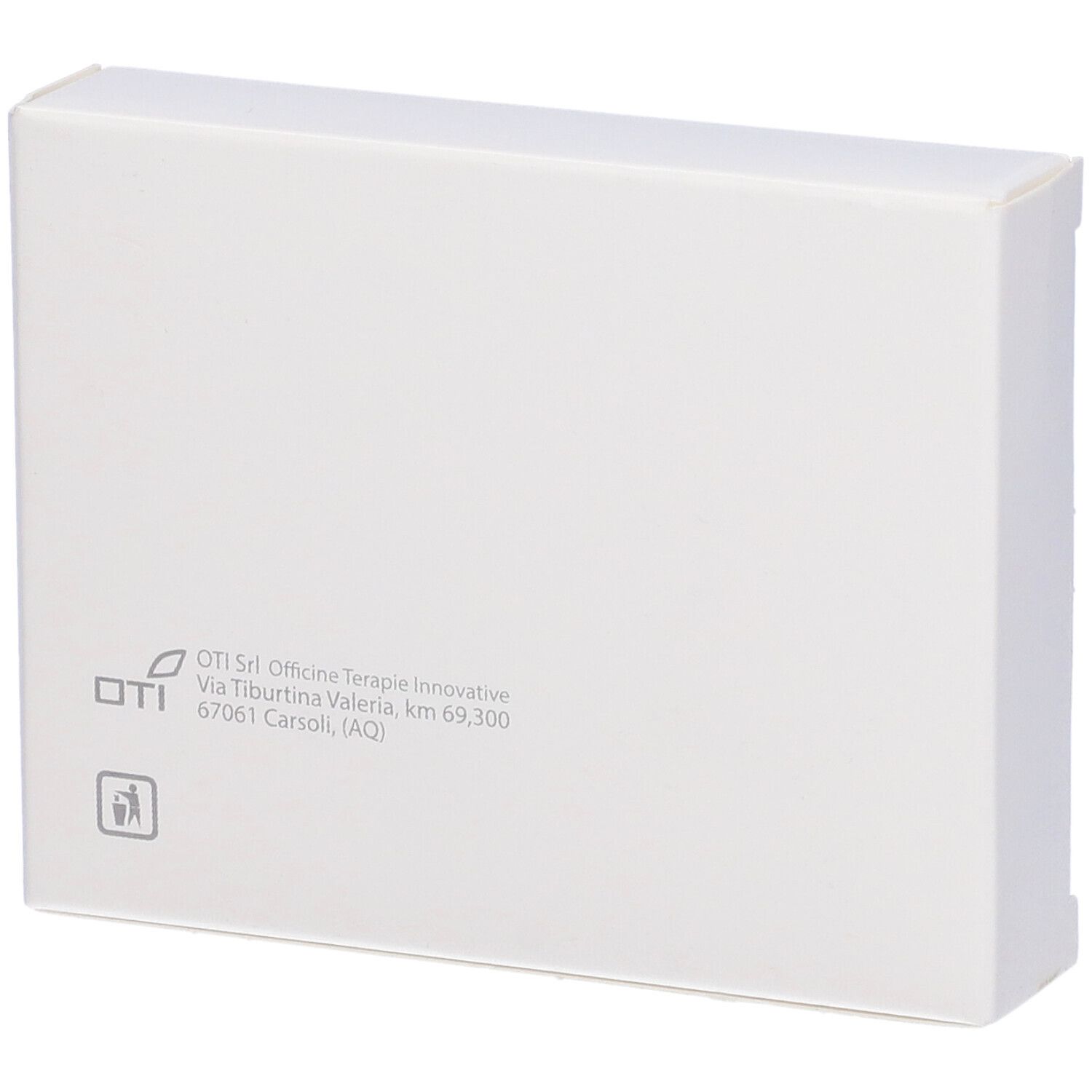 Scatola bianca, retro. Testo: OTI Srl. Indirizzo e simbolo di riciclaggio. Logo verde in basso a sinistra.