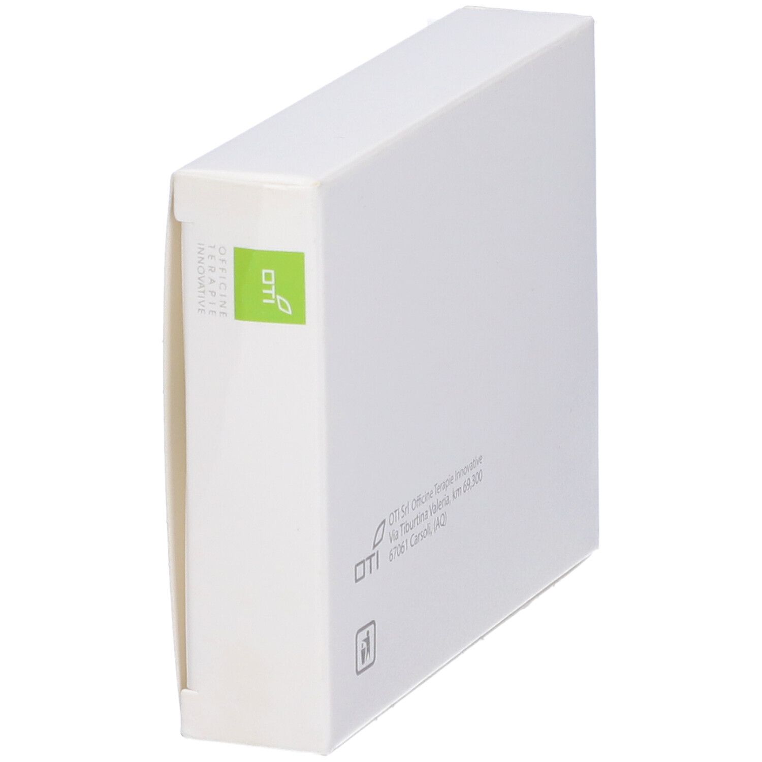 Scatola bianca, in diagonale. Logo verde e testo sul lato. OTI Srl. Indirizzo e simbolo di riciclaggio.