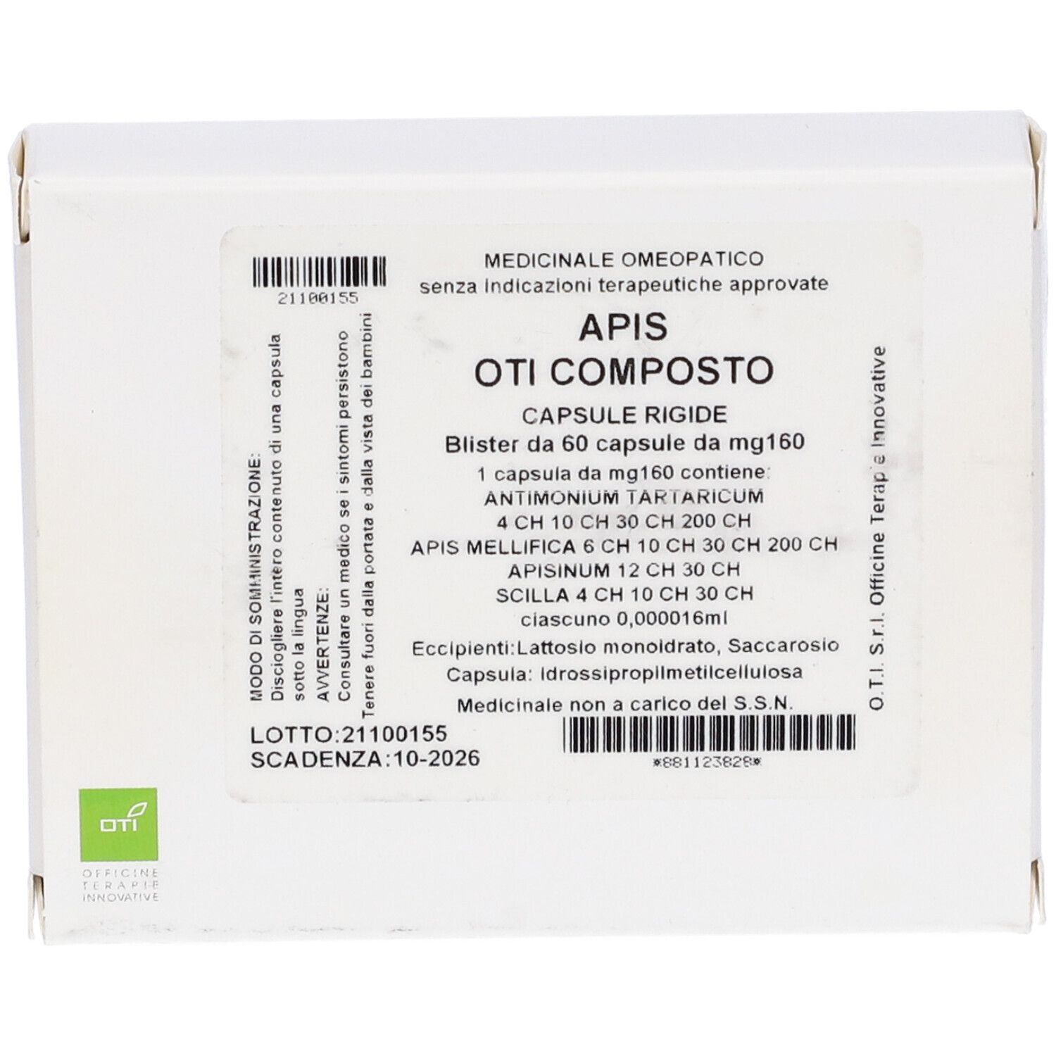 Scatola bianca con informazioni sul prodotto. Testo: APIS OTI COMPOSTO, Capsule rigide. Contiene 60 capsule. Logo verde in alto a sinistra.