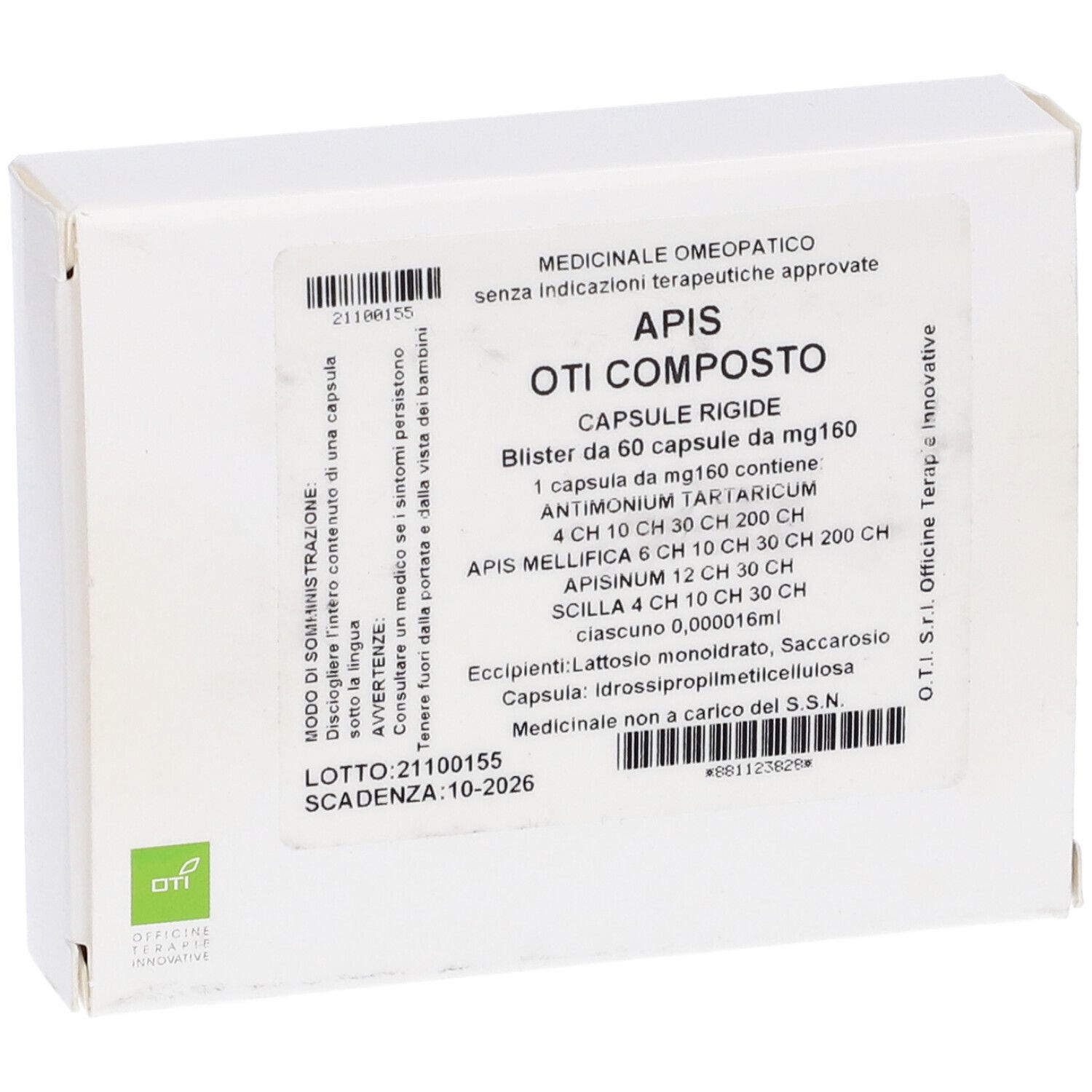Scatola bianca con informazioni sul prodotto. Testo: APIS OTI COMPOSTO, Capsule rigide. Contiene 60 capsule. Logo verde in alto a sinistra.