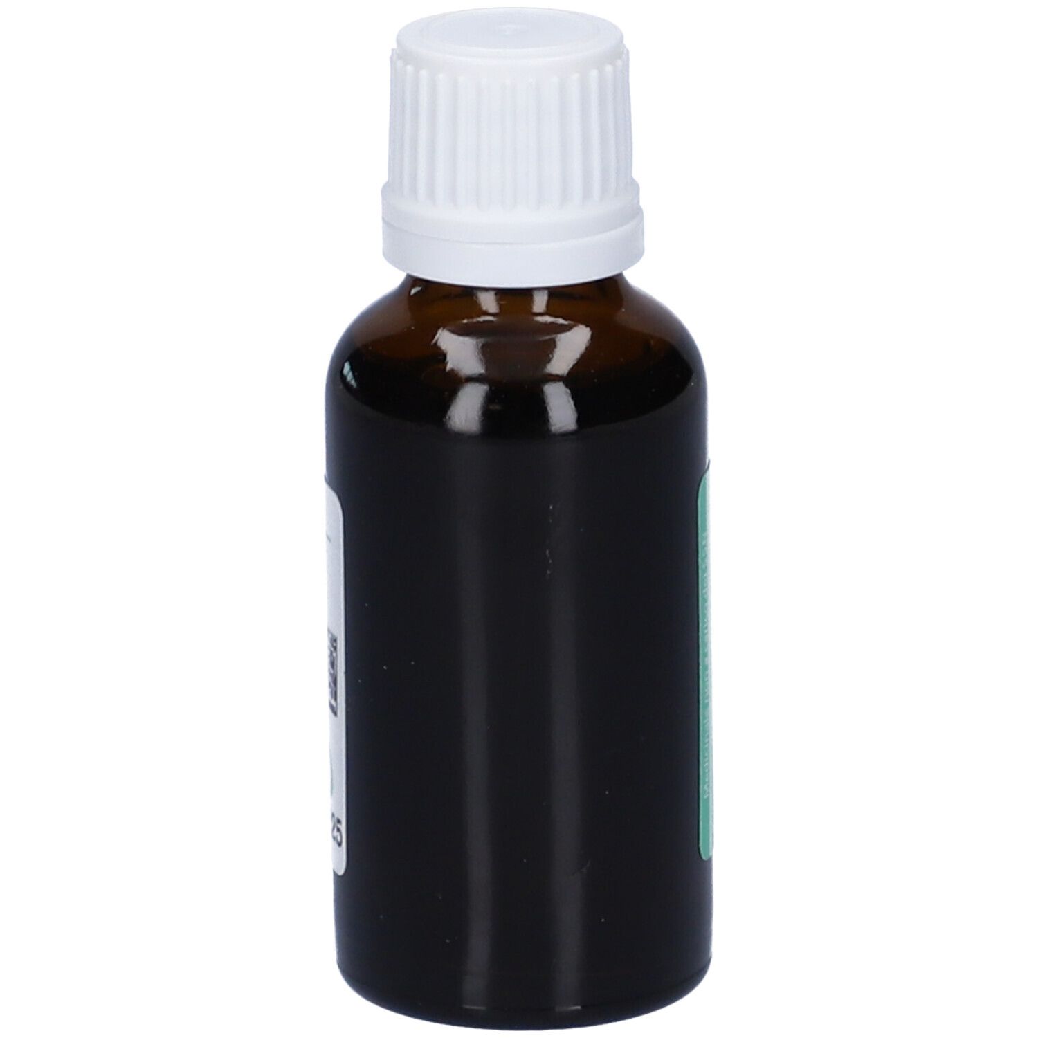 Flacone di vetro marrone con tappo bianco. Etichetta con nome del prodotto e informazioni. Codice a barre e numero di lotto.