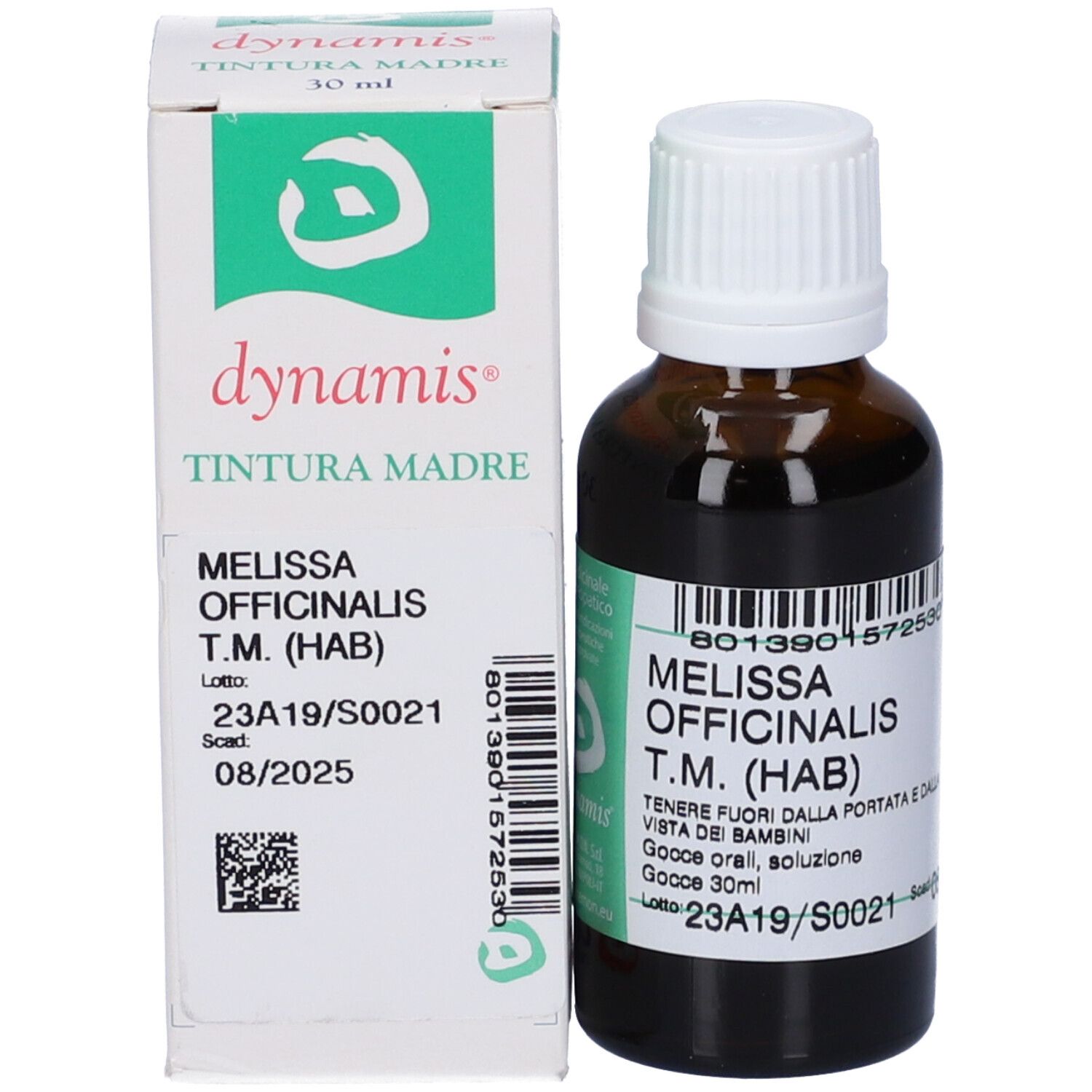 Flacone di vetro marrone con tappo bianco e scatola. Scatola con nome del prodotto e informazioni. Codice a barre e numero di lotto.