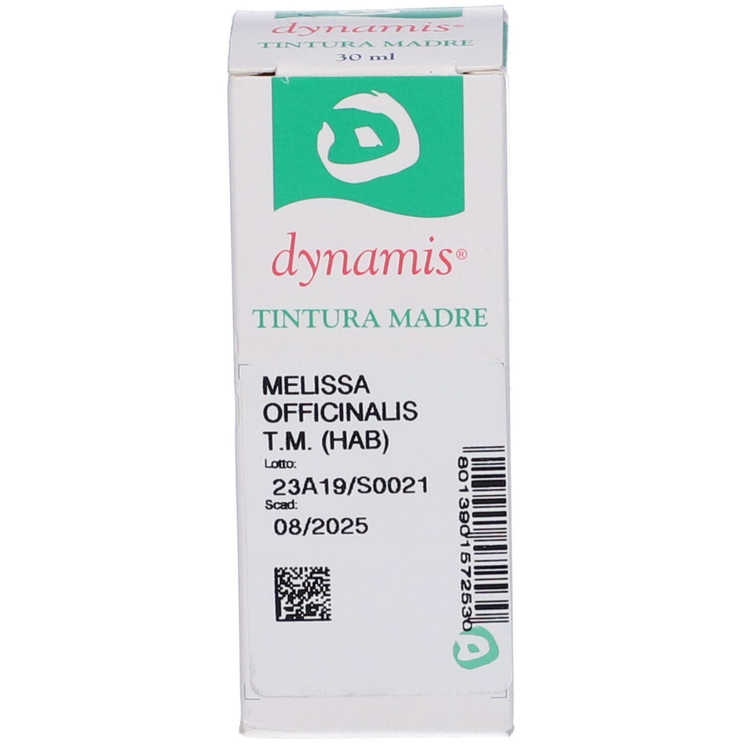 Scatola con nome del prodotto e informazioni. Codice a barre e numero di lotto. Flacone di vetro marrone con tappo bianco.