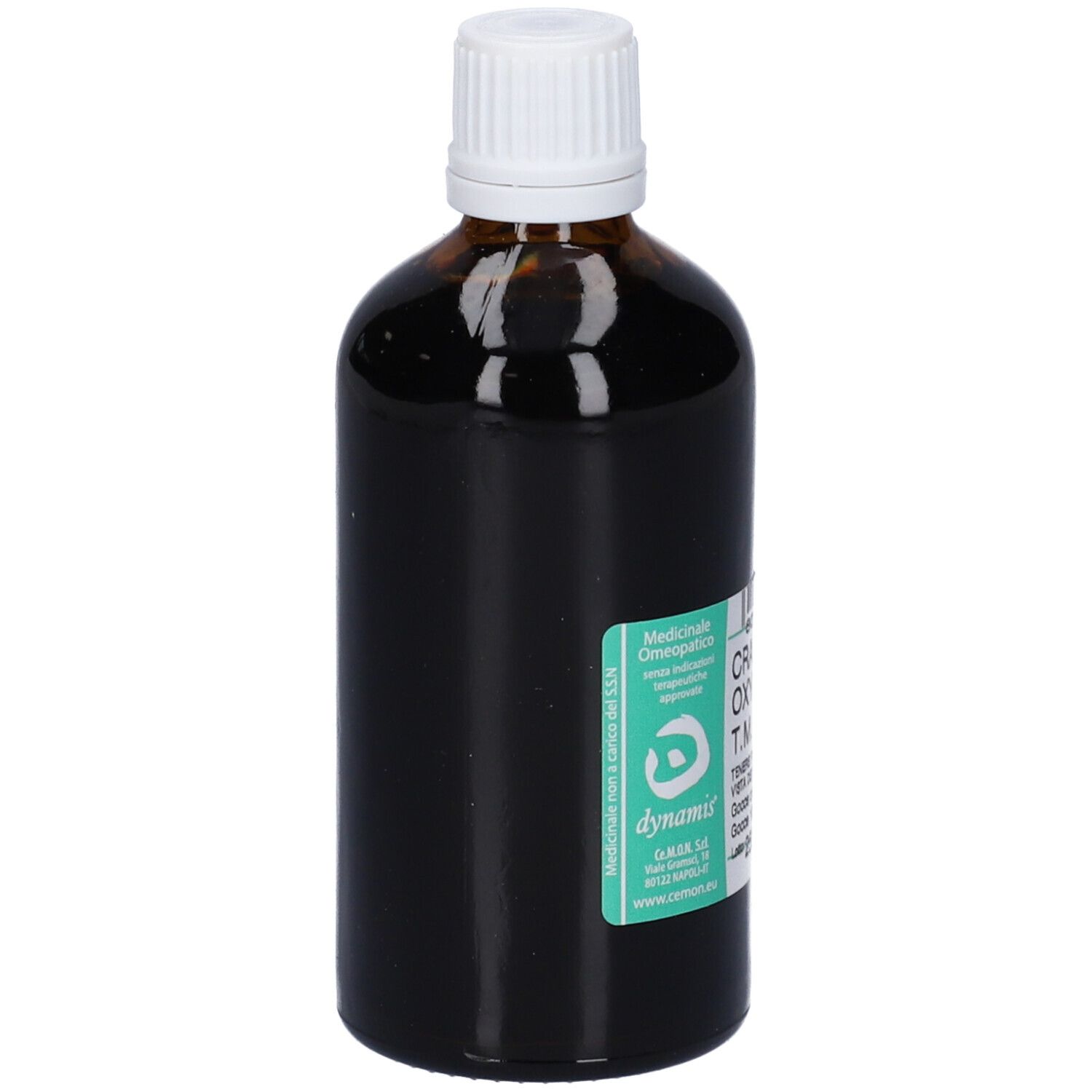 Flacone di vetro marrone con tappo bianco. Etichetta con informazioni sul prodotto. Logo Dynamis. Testo: Crataegus Oxyacantha T.M. (HAB).