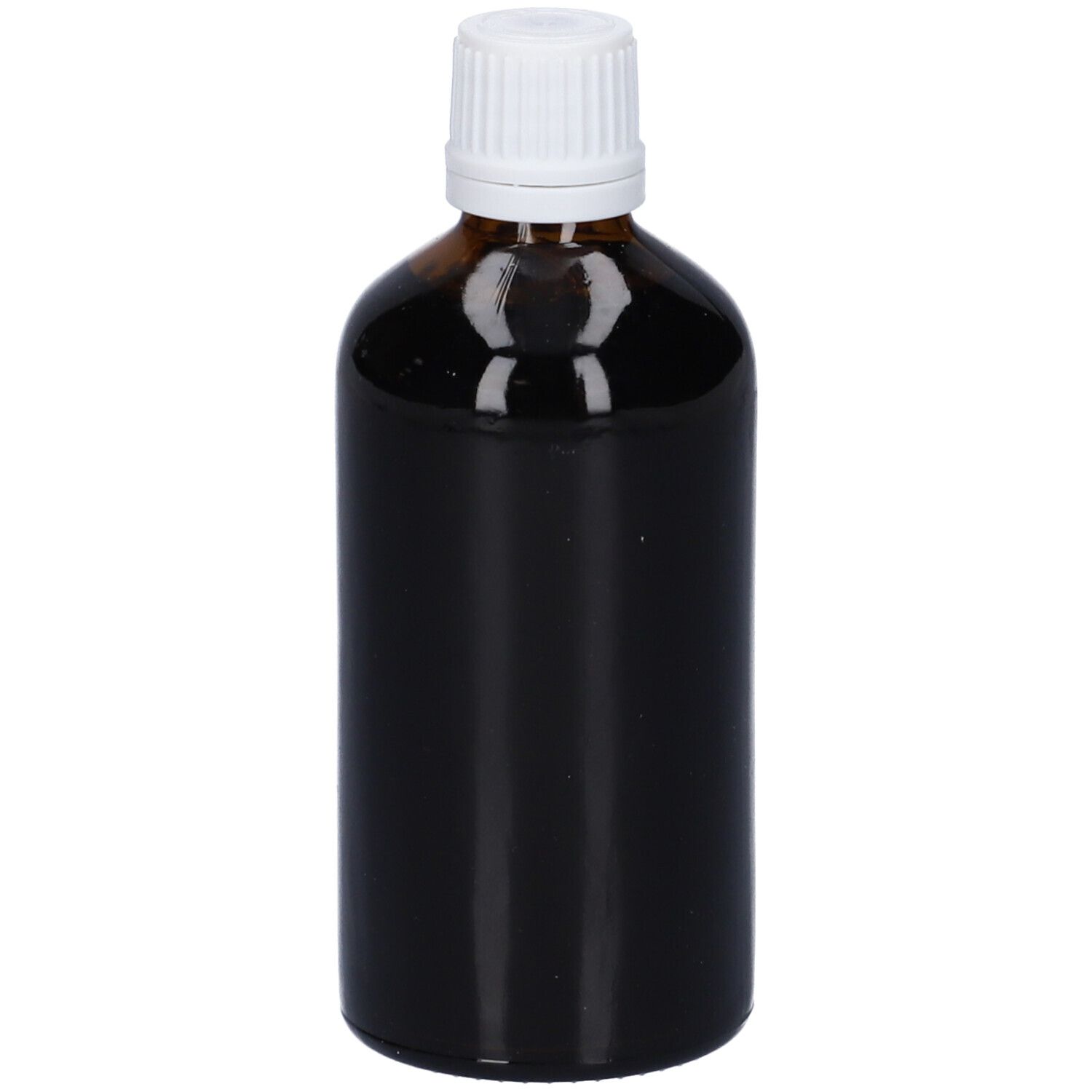 Flacone di vetro marrone con tappo bianco. Nessuna etichetta visibile. Liquido scuro all'interno.