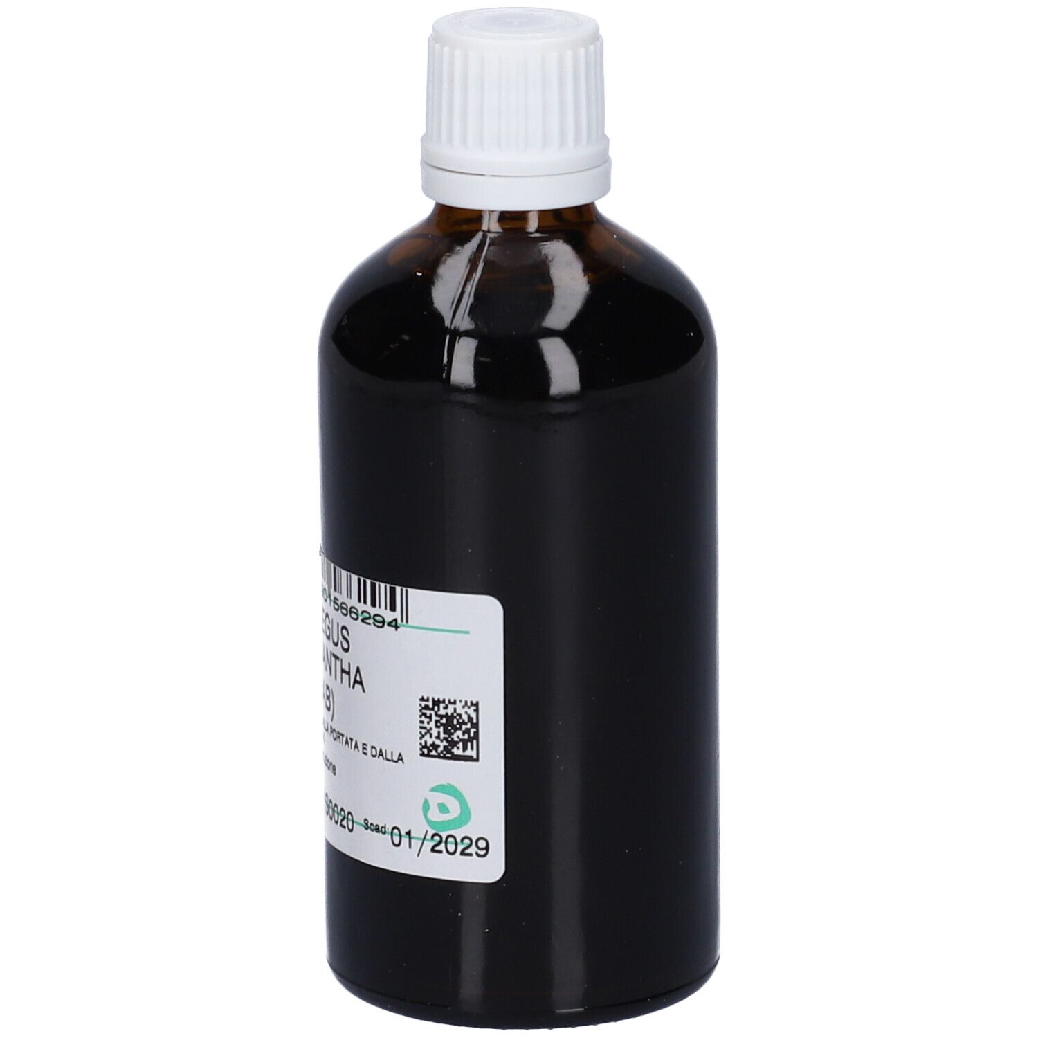 Flacone di vetro marrone con tappo bianco. Etichetta con informazioni sul prodotto. Testo: Crataegus Oxyacantha T.M. (HAB).