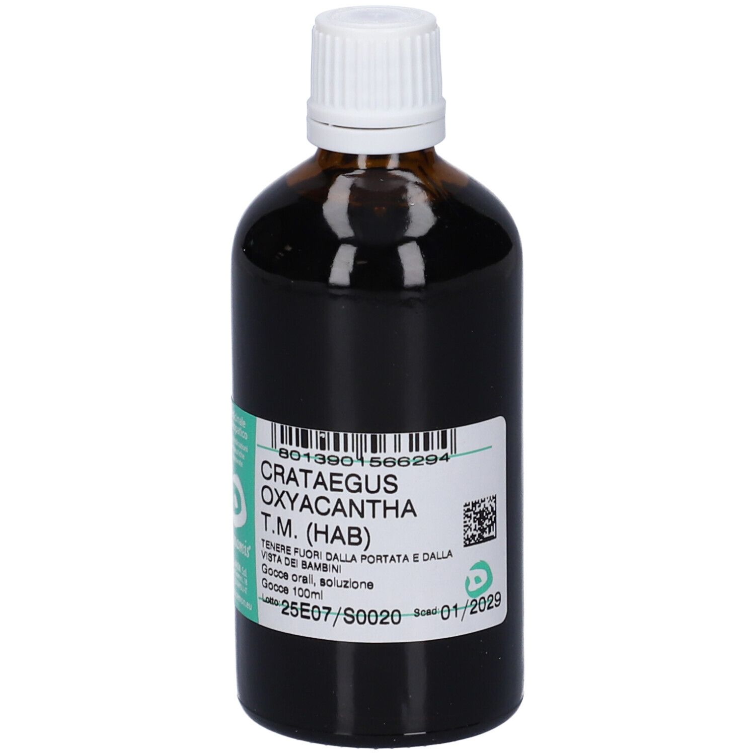 Flacone di vetro marrone con tappo bianco. Etichetta con informazioni sul prodotto. Testo: Crataegus Oxyacantha T.M. (HAB).