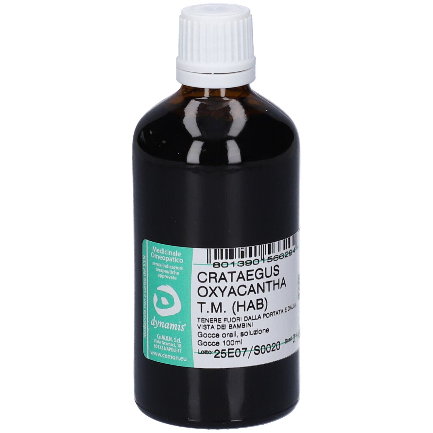 Flacone di vetro marrone con tappo bianco. Etichetta con informazioni sul prodotto. Testo: Crataegus Oxyacantha T.M. (HAB).