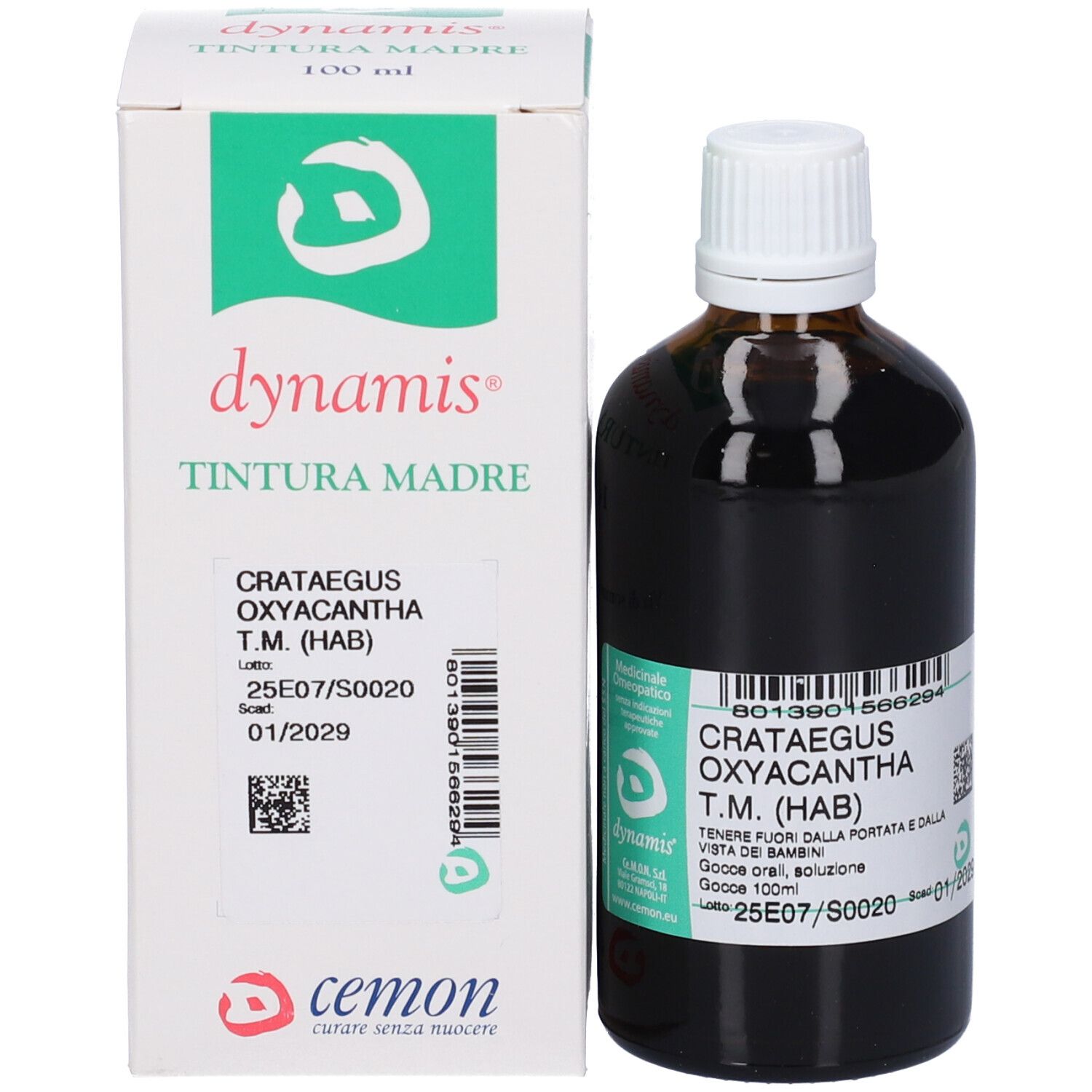 Flacone di vetro marrone e confezione. Confezione con informazioni sul prodotto. Testo: Crataegus Oxyacantha T.M. (HAB). Dynamis.