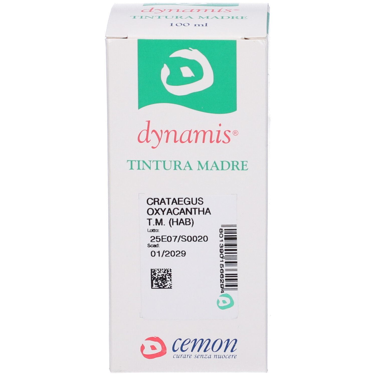 Confezione bianca con informazioni sul prodotto. Testo: Crataegus Oxyacantha T.M. (HAB). Dynamis.