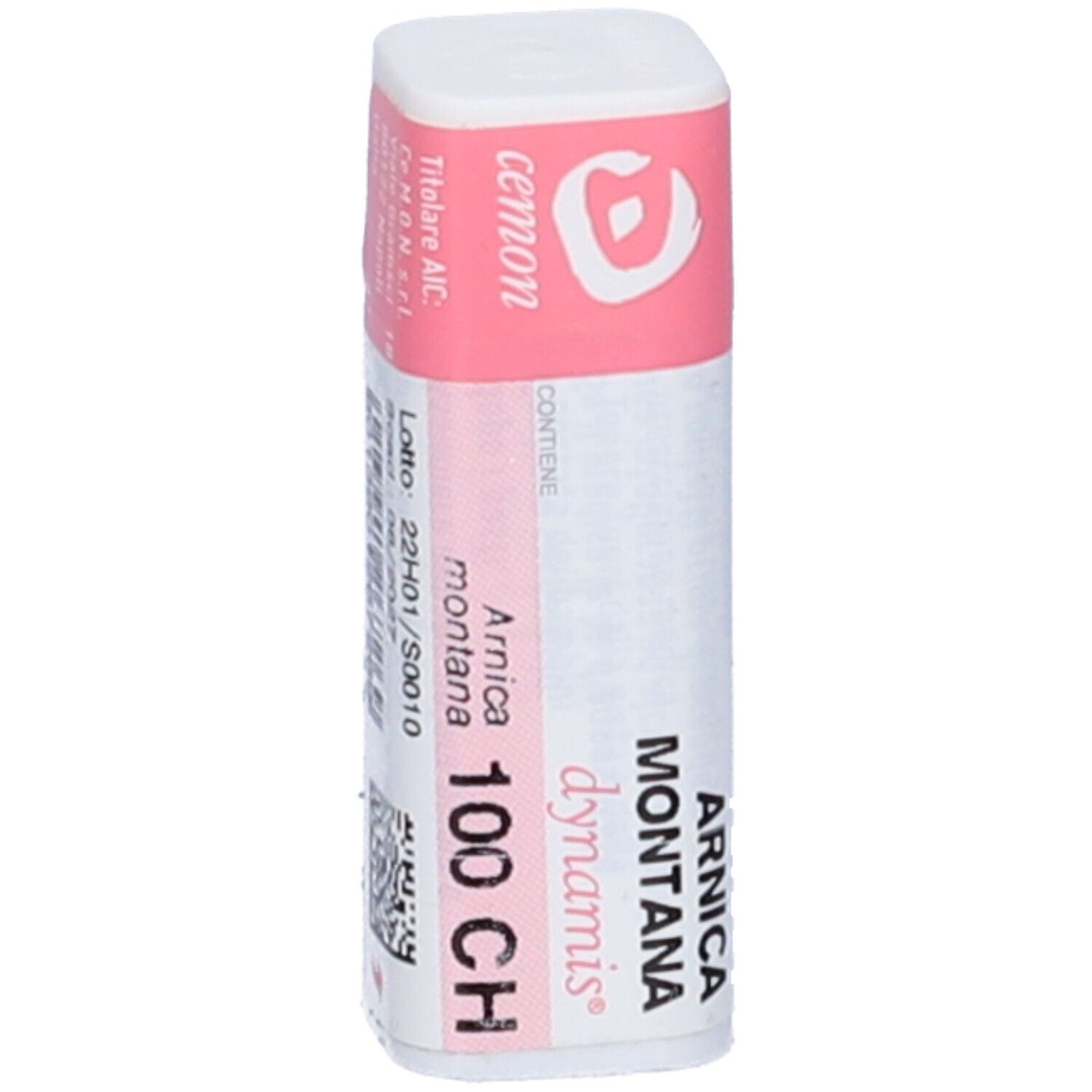 Confezione cilindrica con etichetta rosa. Scritte: Arnica montana 100 CH, dynamis, cemon.