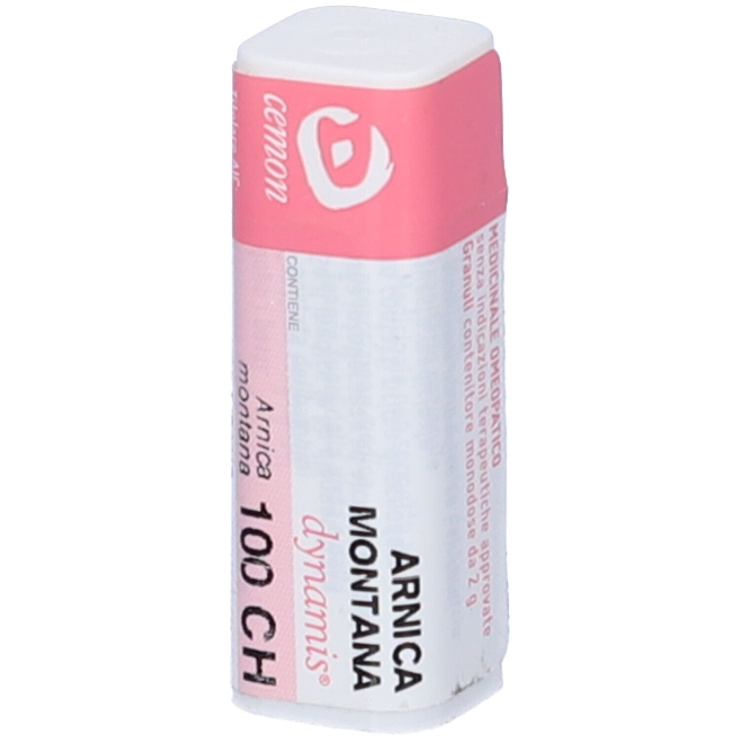 Confezione cilindrica con etichetta rosa. Scritte: Arnica montana 100 CH, dynamis, cemon.