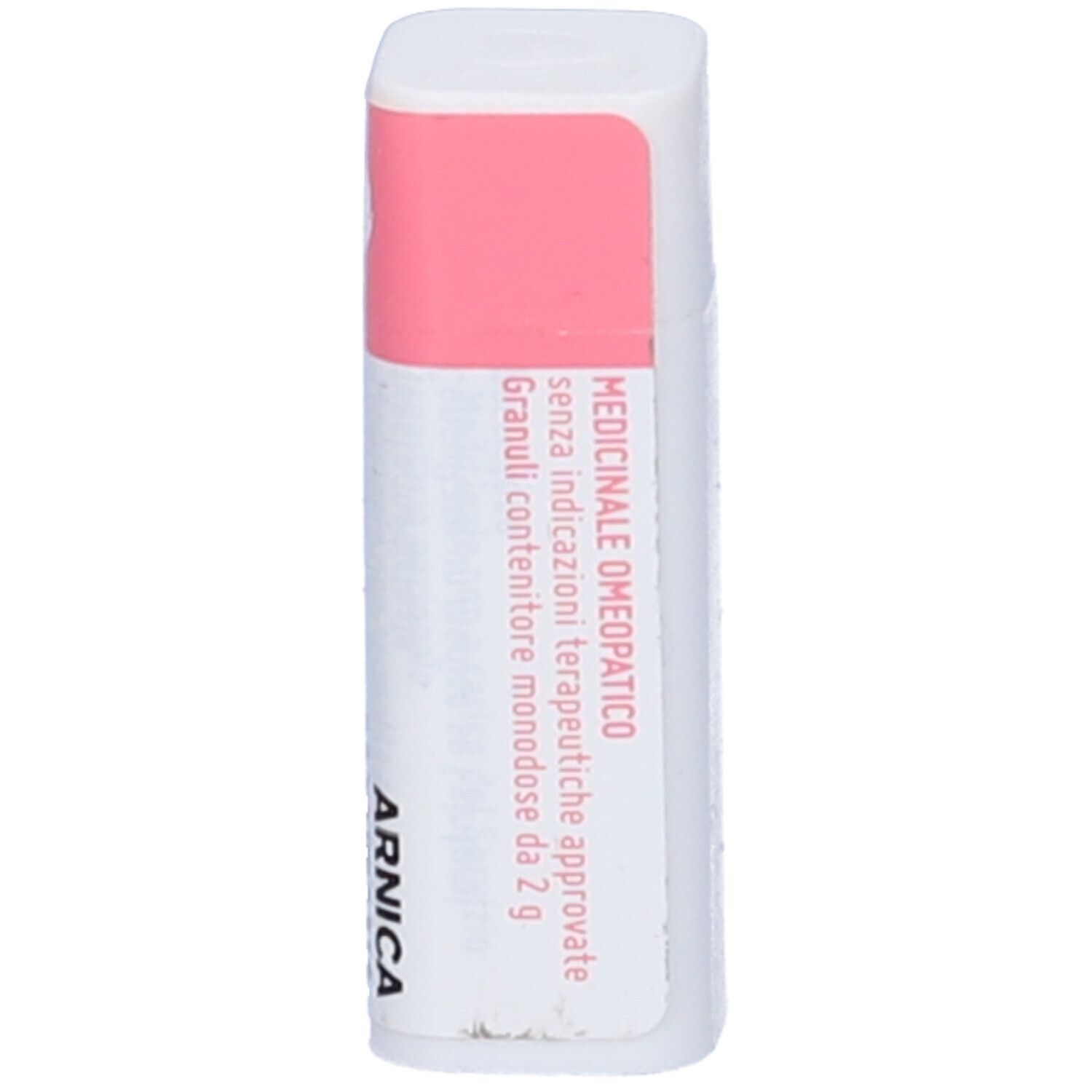 Confezione rettangolare con etichetta rosa. Scritte: Arnica, Medicinale omeopatico.