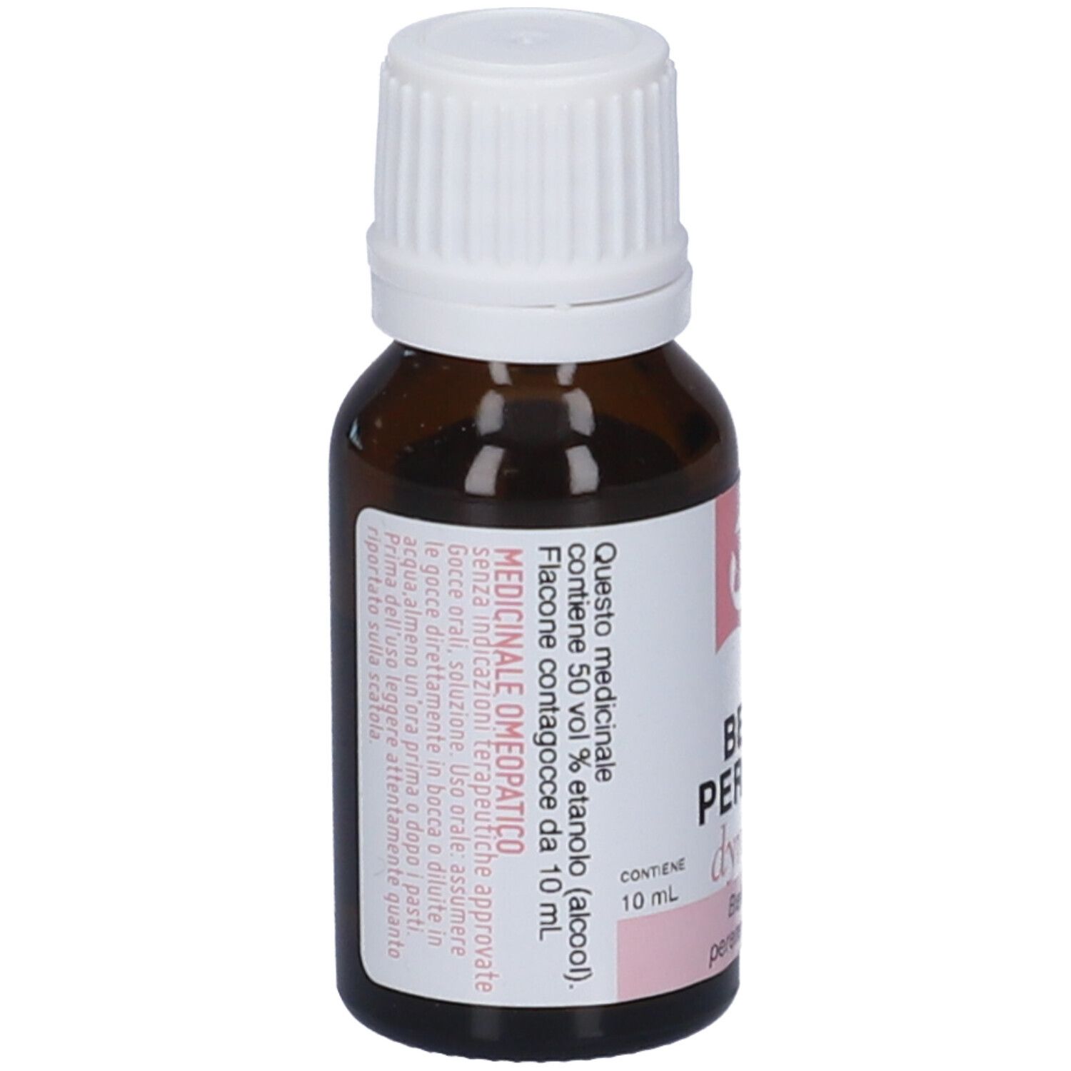 Flacone di vetro marrone con tappo bianco. Etichetta rosa con informazioni sul prodotto.