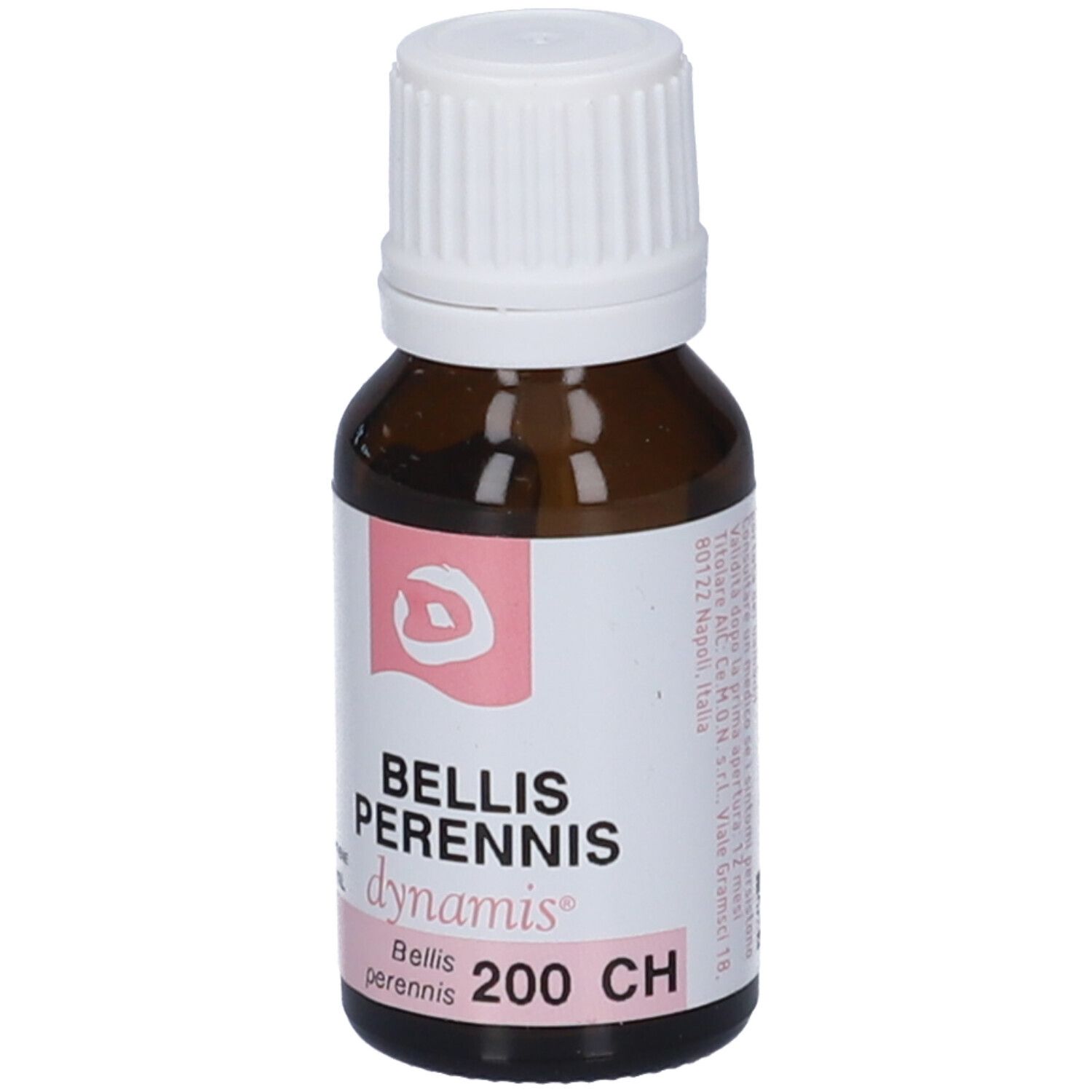 Flacone di vetro marrone con tappo bianco. Etichetta rosa con nome prodotto: Bellis Perennis 200 CH.