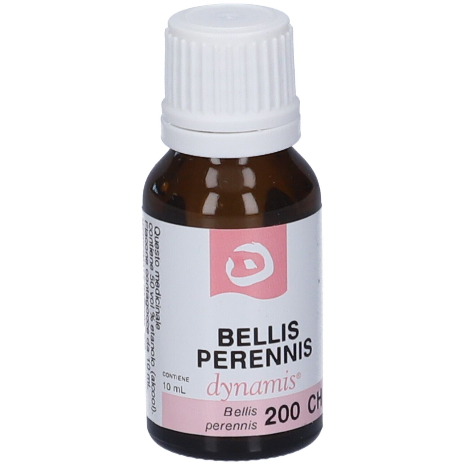Flacone di vetro marrone con tappo bianco. Etichetta rosa con informazioni sul prodotto.