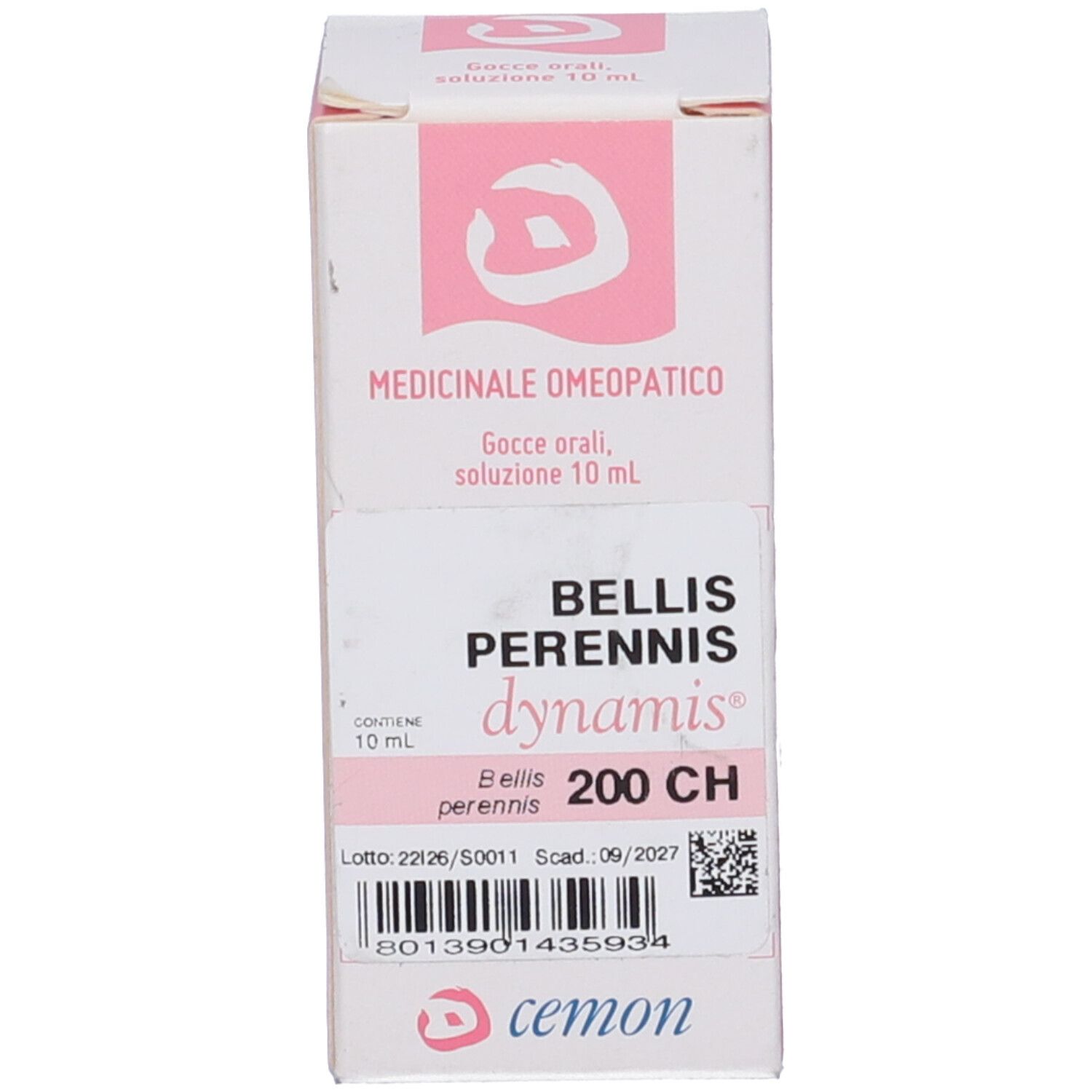 Confezione del prodotto. Bianca con accenti rosa. Nome prodotto: Bellis Perennis 200 CH. Logo.