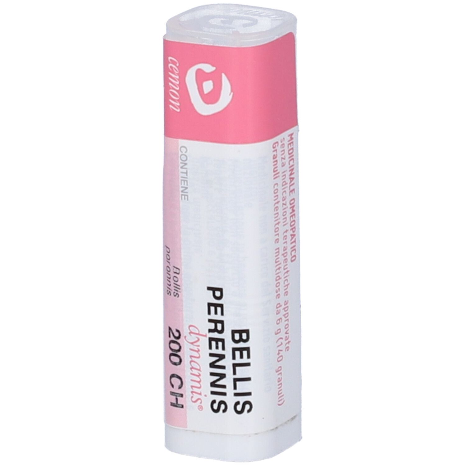 Confezione cilindrica. Scritta: Bellis Perennis 200 CH, dynamis. Fascia rosa.