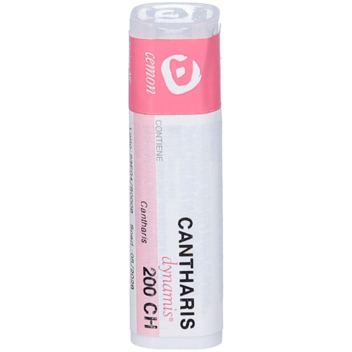 Flacone bianco con tappo rosa. Scritte: Cantharis dynamis 200 CH.
