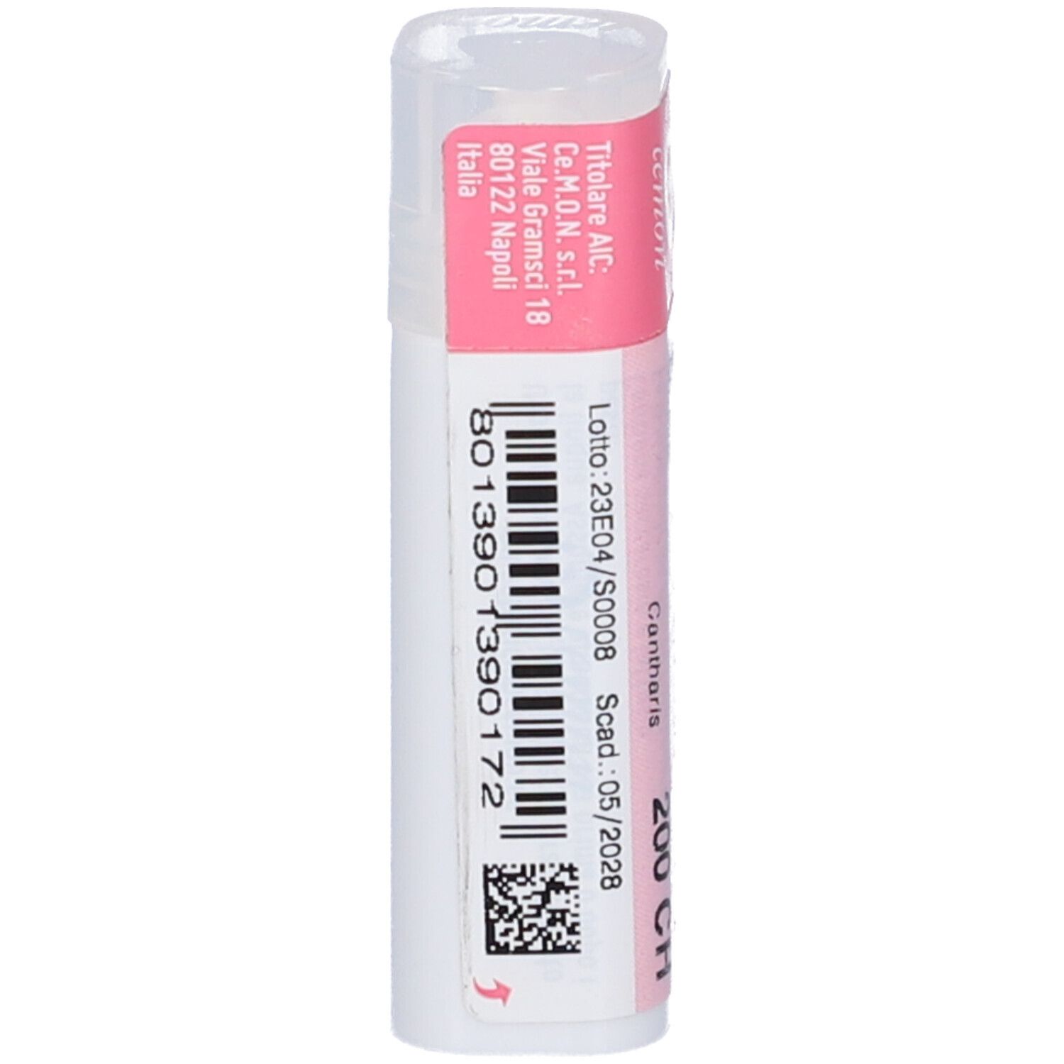 Flacone bianco con tappo rosa. Scritte: Cantharis 200 CH, numero lotto, scadenza.