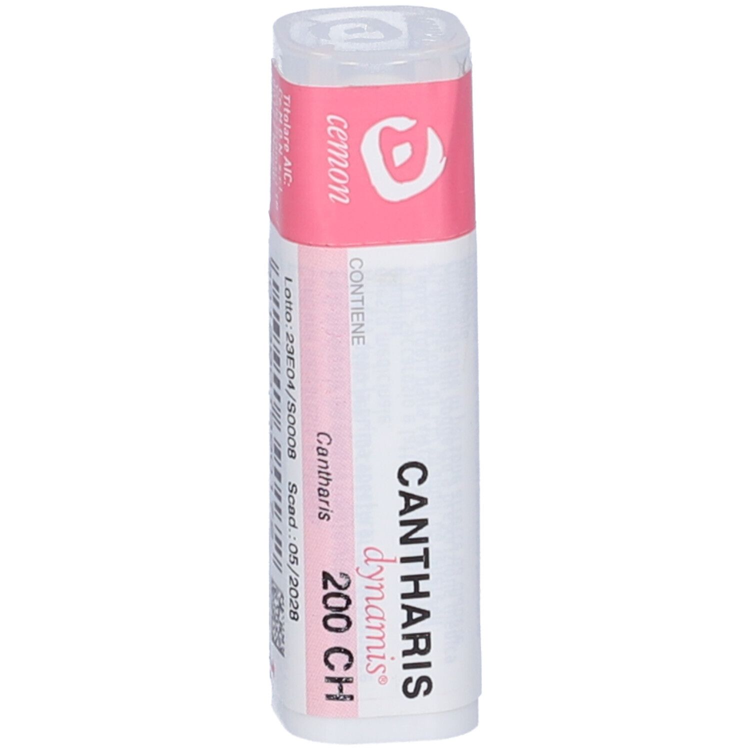 Flacone bianco con tappo rosa. Scritte: Cantharis dynamis 200 CH.