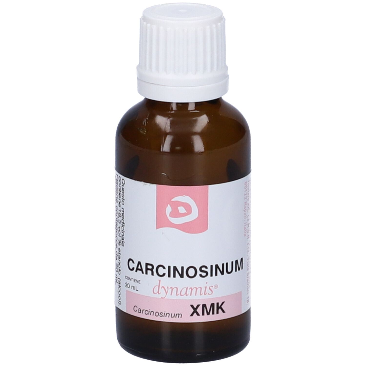 Flacone in vetro marrone con tappo bianco. Etichetta: Carcinosinum, dynamis, XMK.
