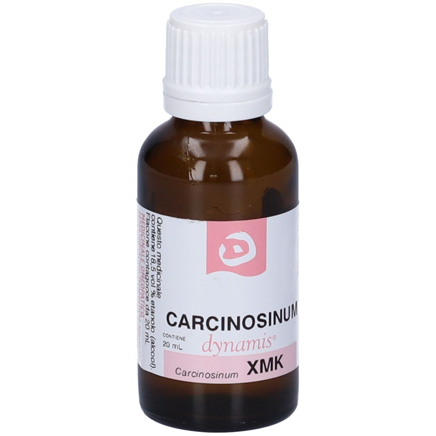 Flacone in vetro marrone con tappo bianco. Etichetta con testo e logo.
