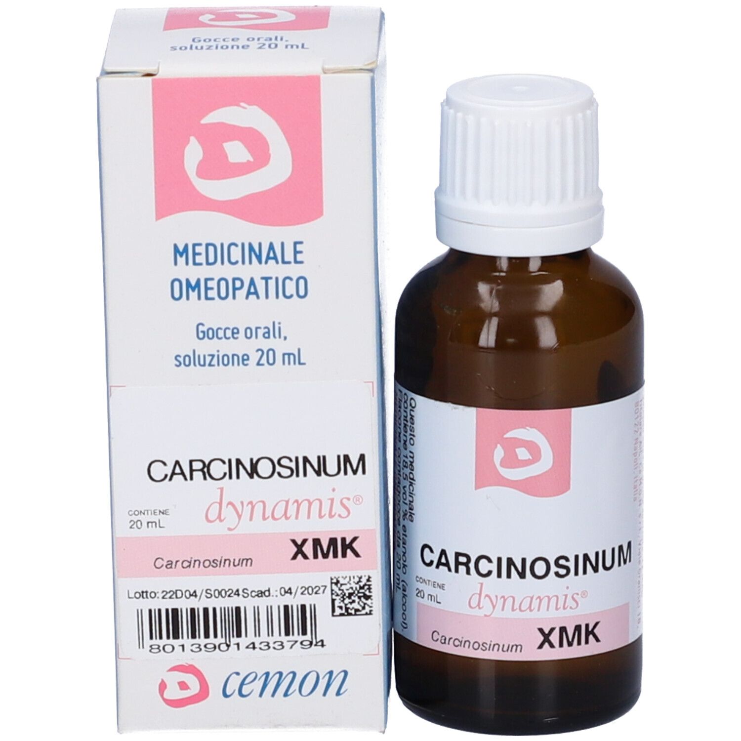 Flacone in vetro marrone e scatola. Scritta: Carcinosinum, dynamis, XMK, cemon.