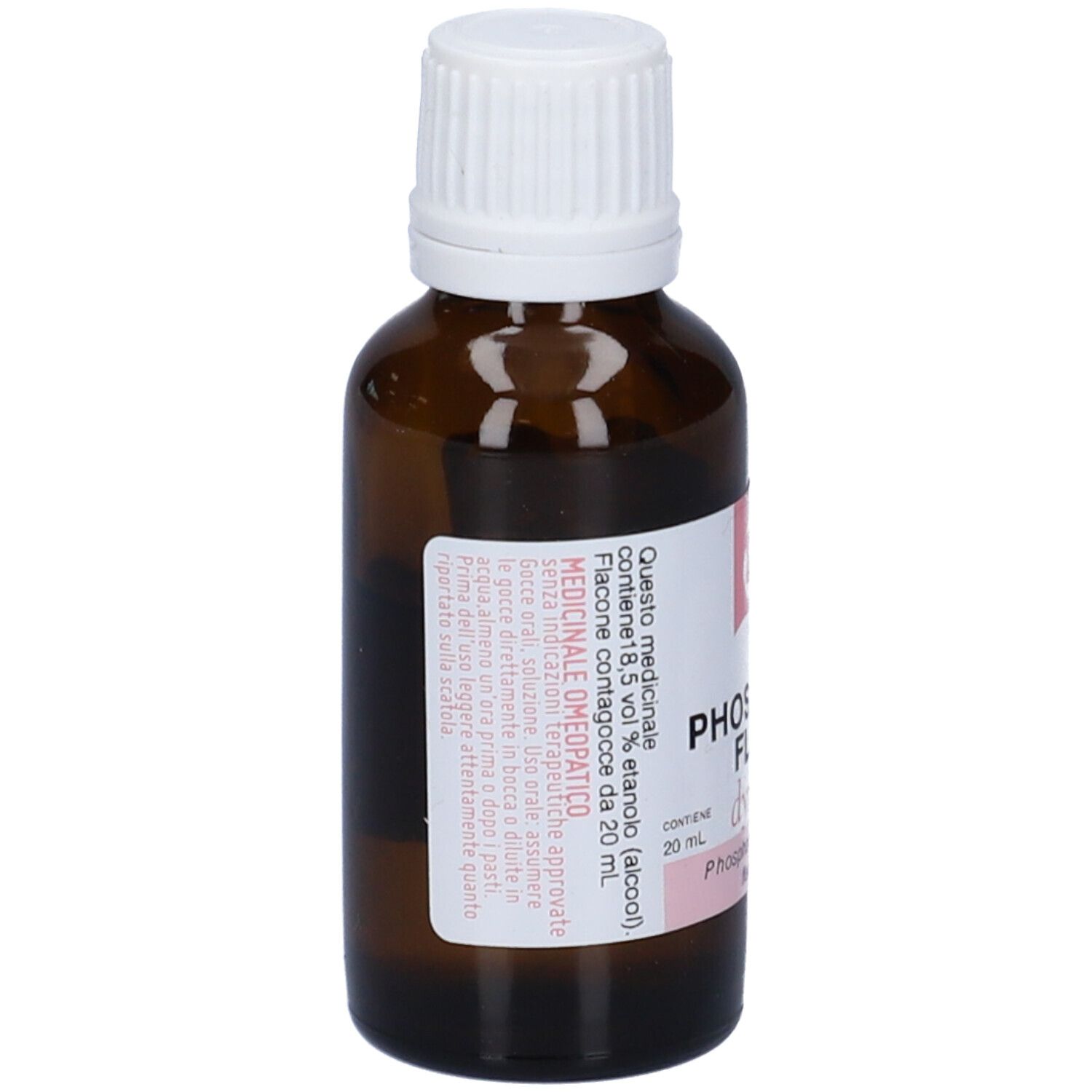 Flacone di vetro marrone con tappo bianco. Etichetta con testo, tra cui "Phosphorus Flavus 1 LM".
