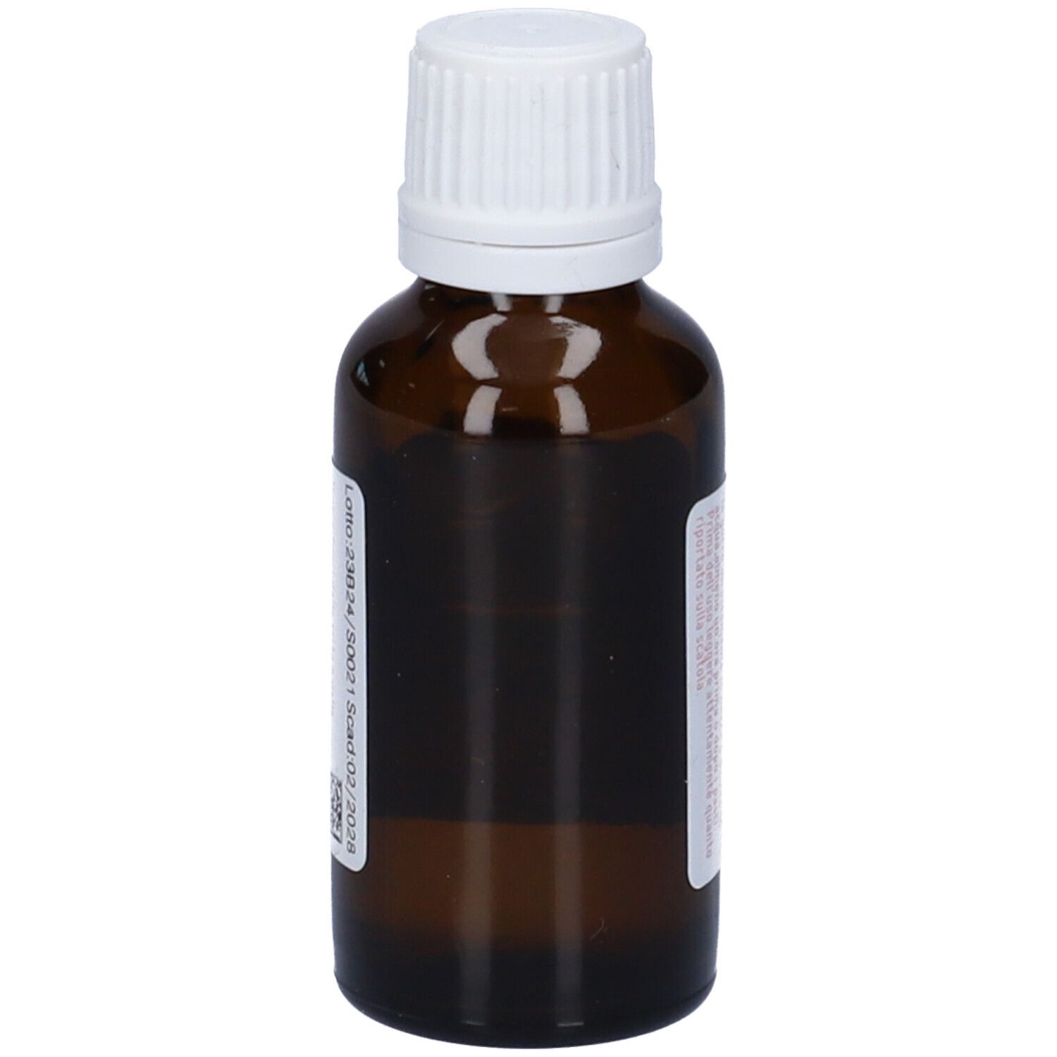 Flacone di vetro marrone con tappo bianco. Etichetta con testo, tra cui "Phosphorus Flavus 1 LM".
