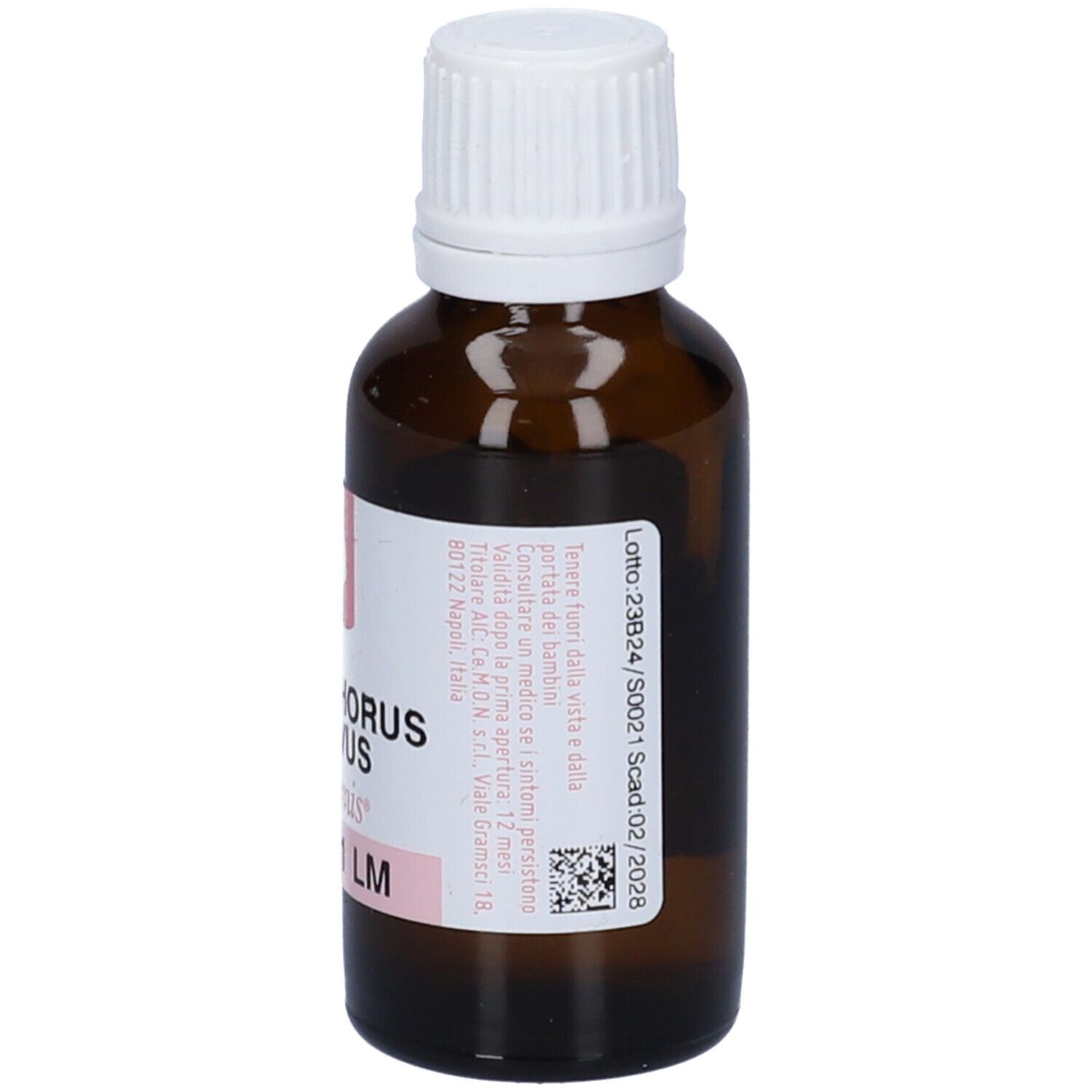 Flacone di vetro marrone con tappo bianco. Etichetta con testo, tra cui "Phosphorus Flavus 1 LM".
