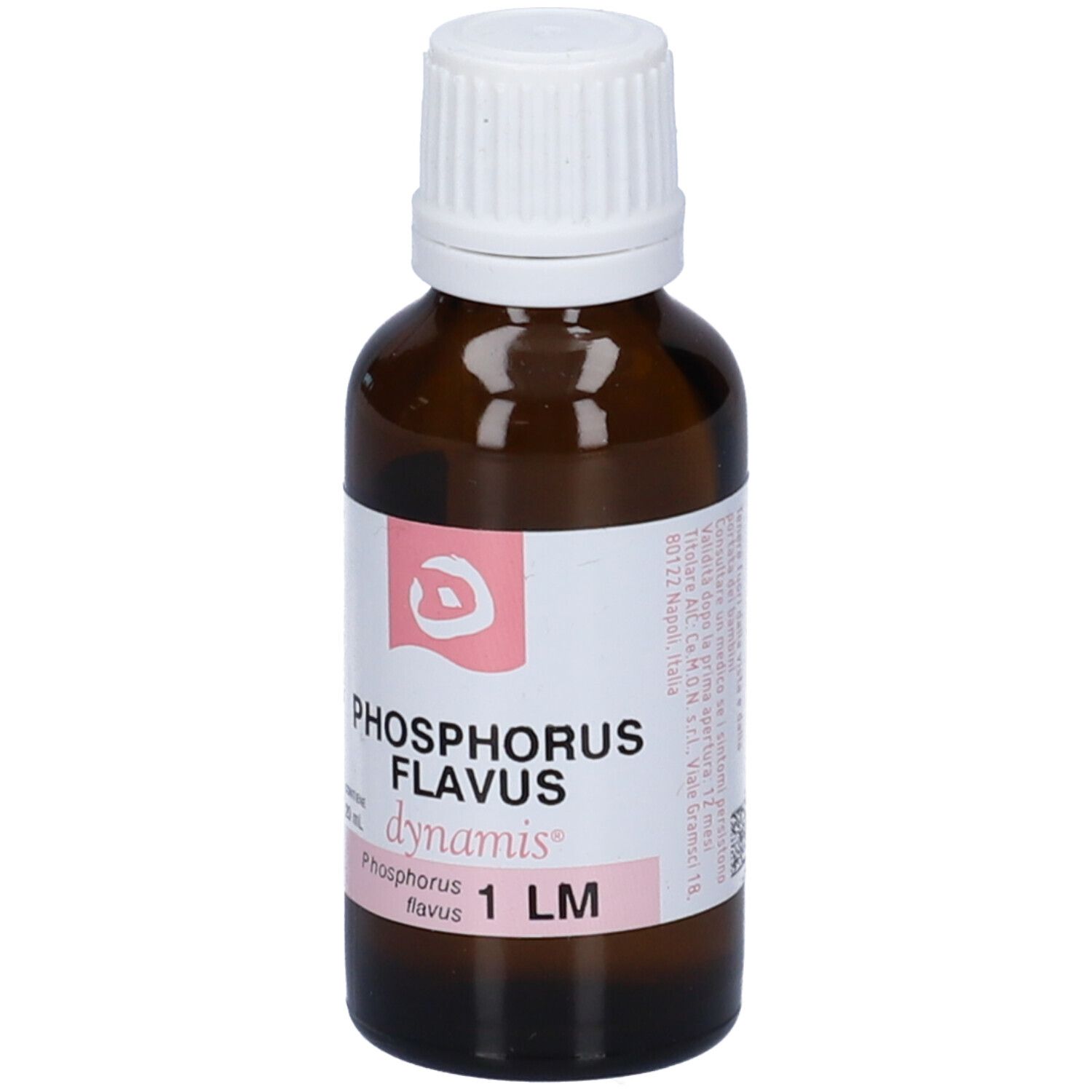 Flacone di vetro marrone con tappo bianco. L'etichetta riporta "Phosphorus Flavus 1 LM" e "dynamis".