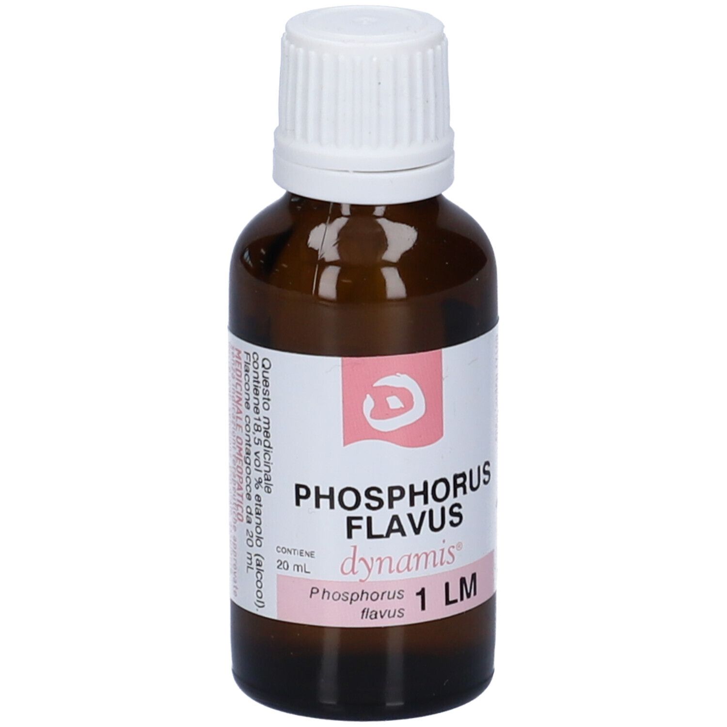 Flacone di vetro marrone con tappo bianco. L'etichetta riporta "Phosphorus Flavus 1 LM" e "dynamis".