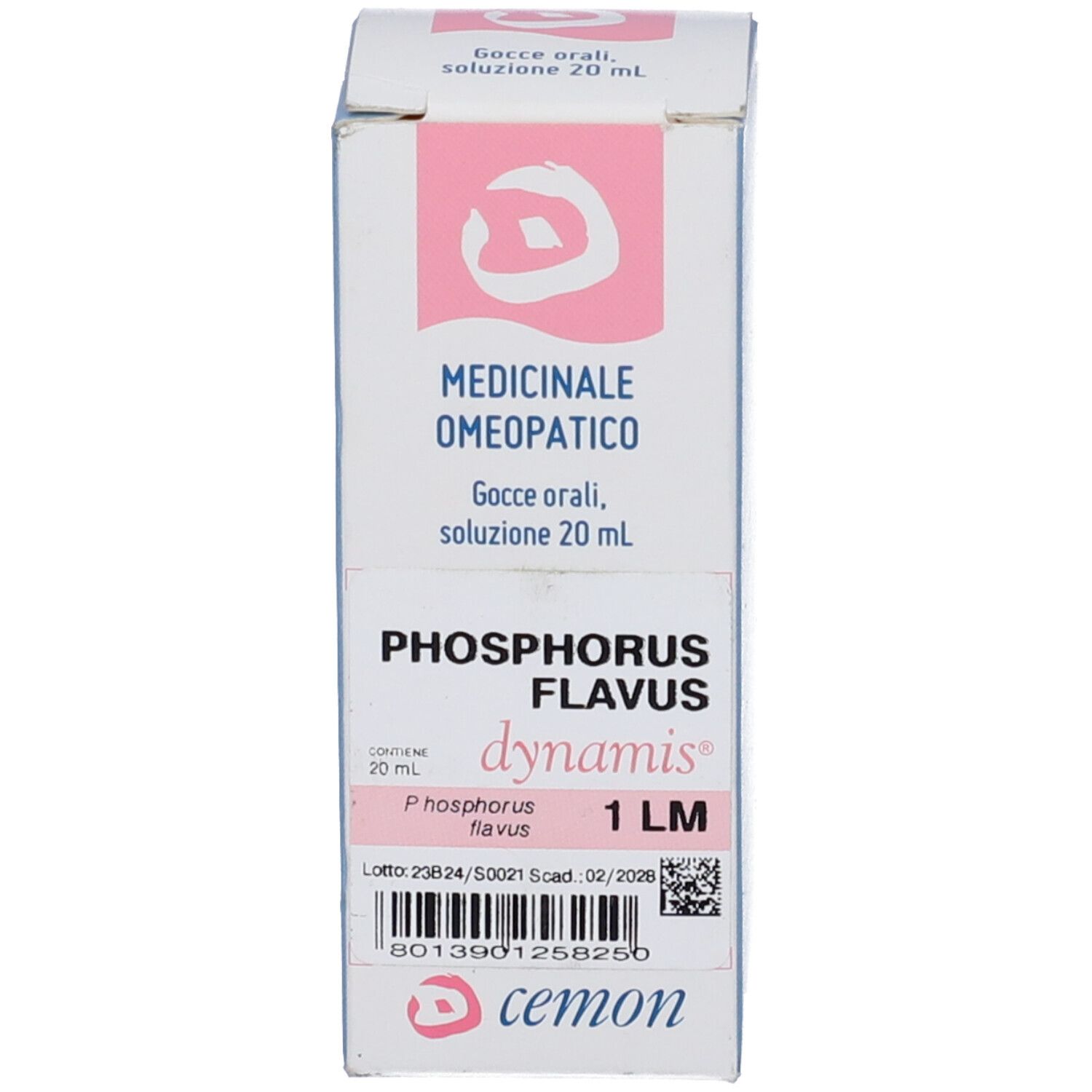 Confezione del prodotto. Sulla confezione è scritto "Phosphorus Flavus 1 LM" e "dynamis".