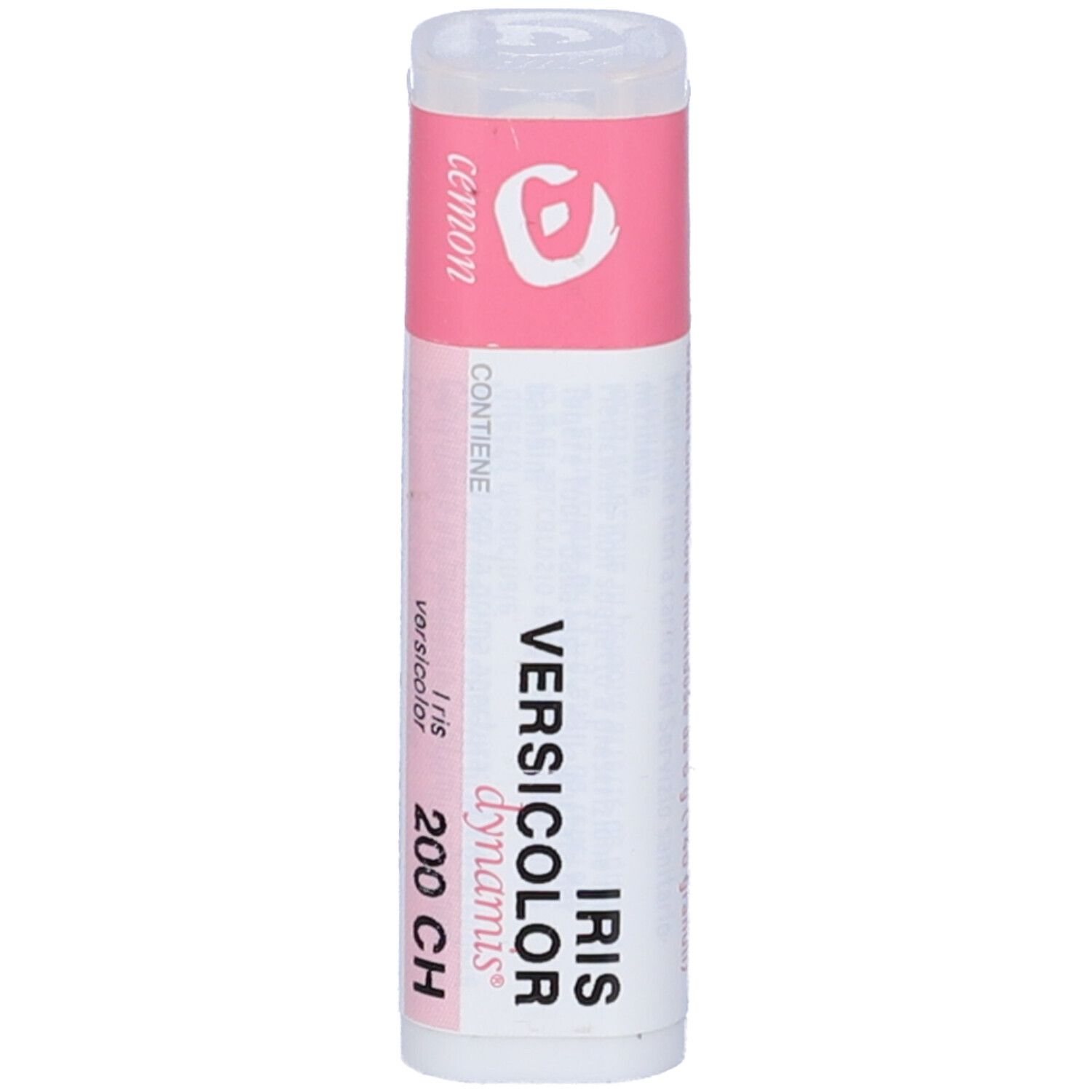 Confezione cilindrica. Etichette rosa e bianche. Testo: Iris Versicolor 200 CH, cemon.