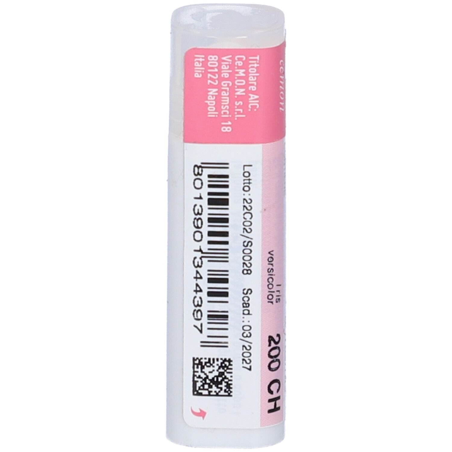 Confezione cilindrica. Etichette rosa e bianche. Testo: Iris Versicolor 200 CH, cemon, codice a barre.