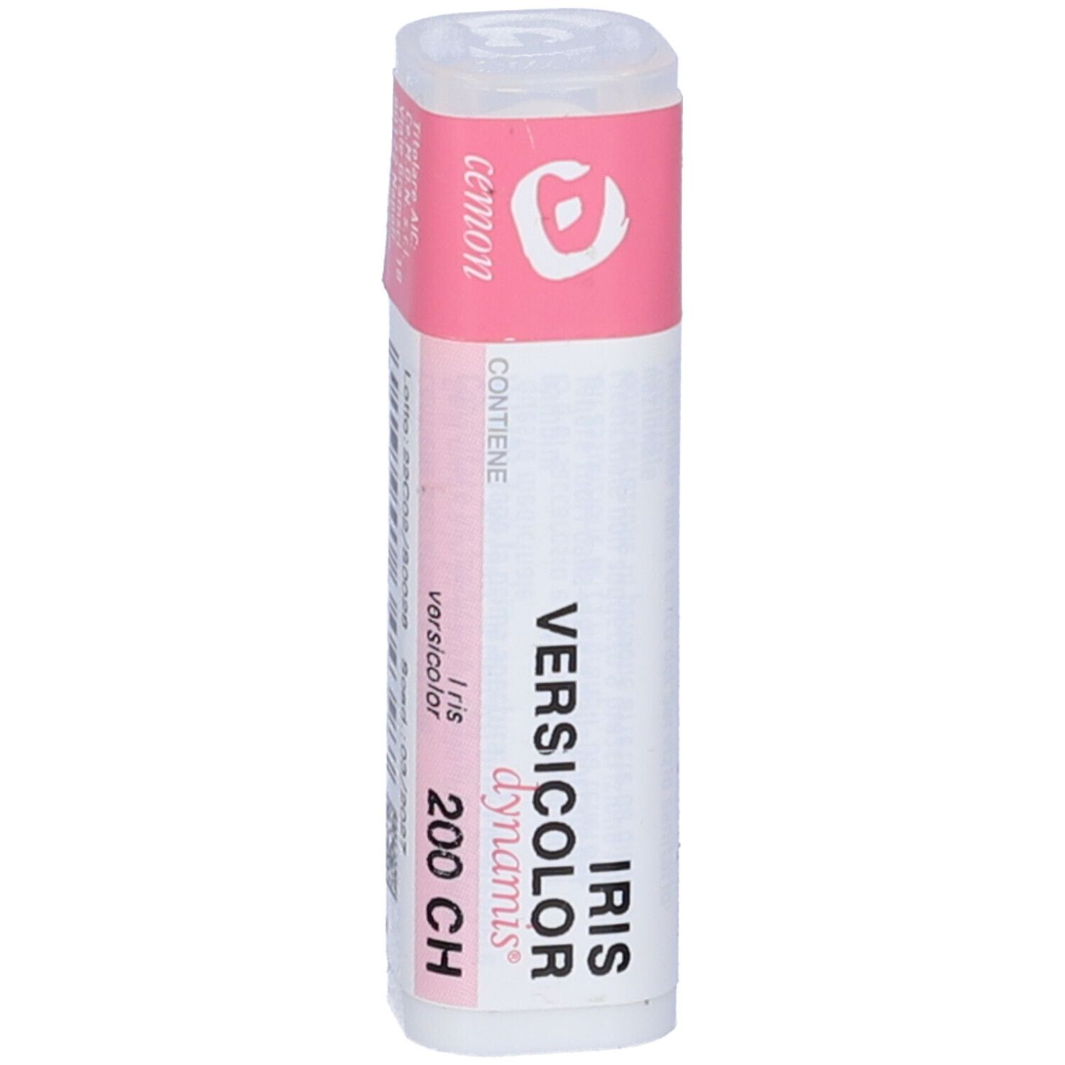Confezione cilindrica. Etichette rosa e bianche. Testo: Iris Versicolor 200 CH, cemon.