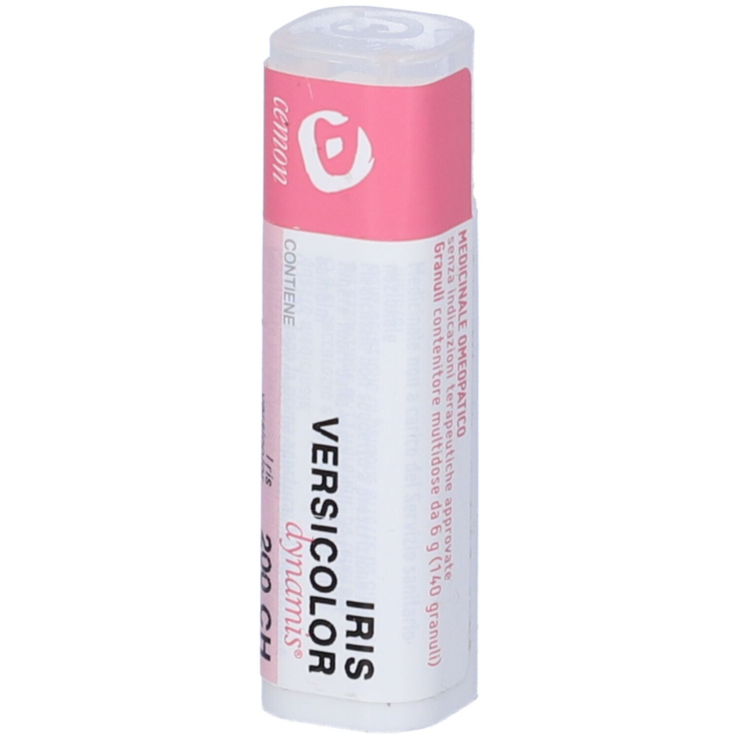 Confezione cilindrica. Etichette rosa e bianche. Testo: Iris Versicolor 200 CH, cemon, medicinale.