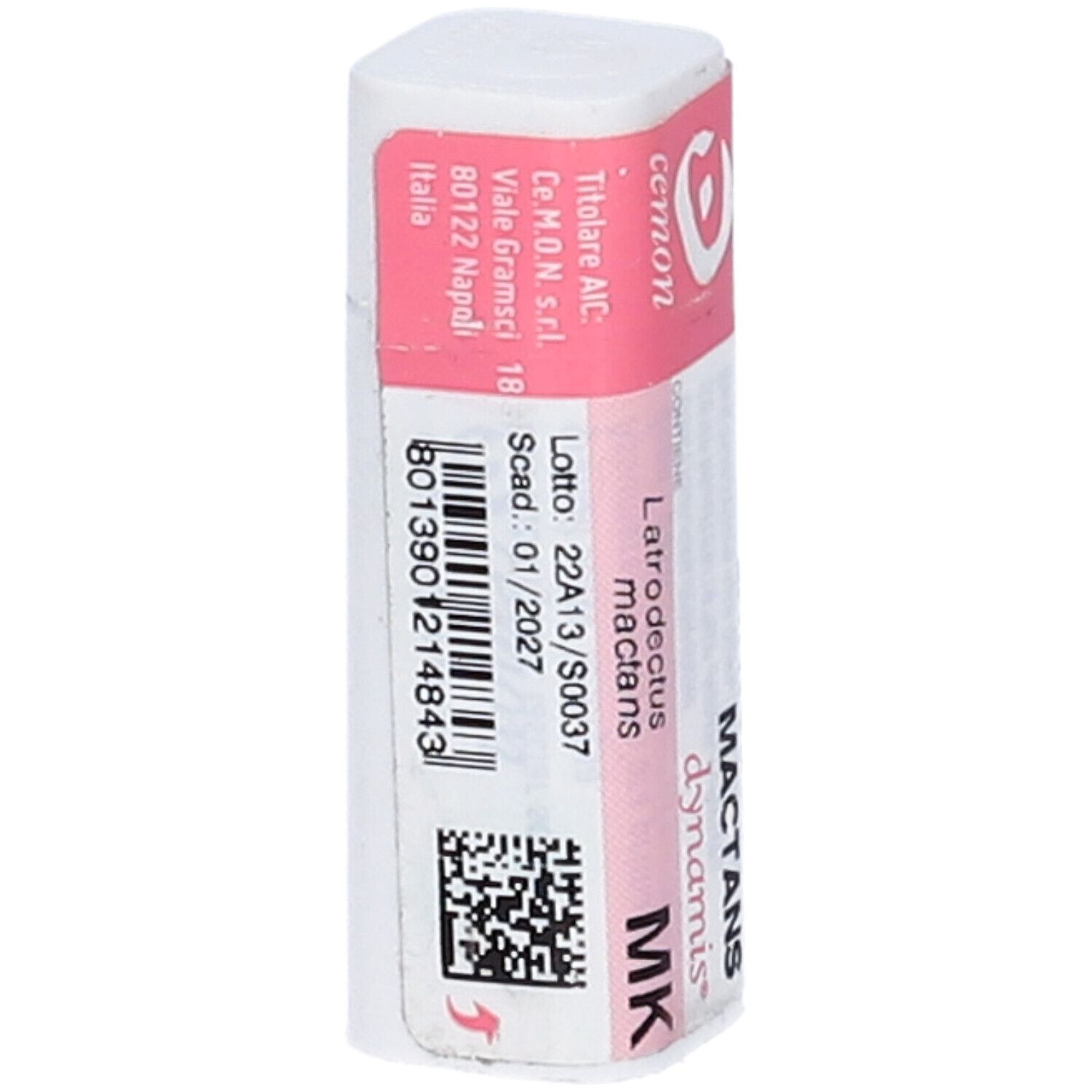 Confezione cilindrica con etichetta rosa e bianca. Scritta: LATRODECTUS MACTANS MK dynamis. Con codice a barre.