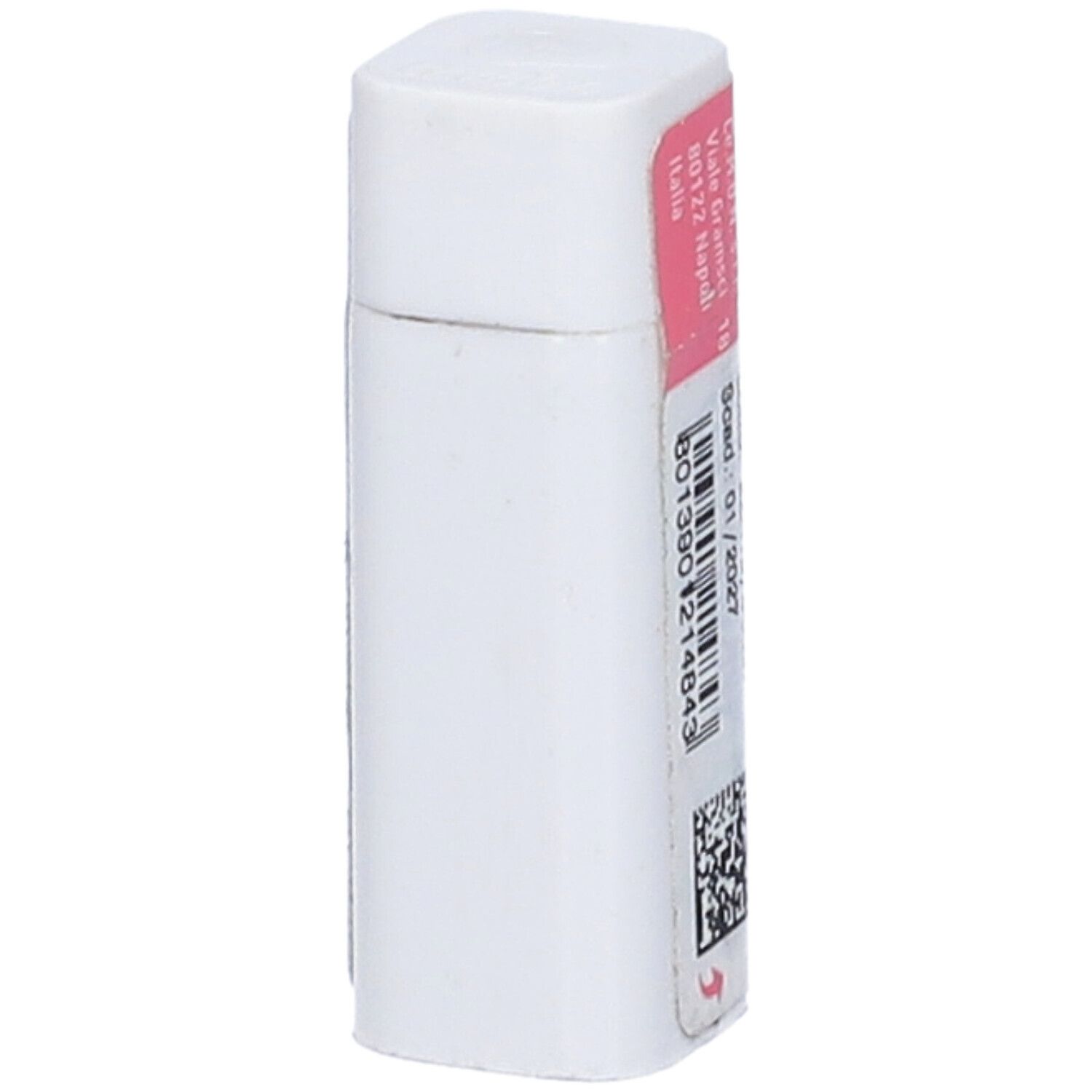 Confezione cilindrica, bianca con etichetta rosa. Codice a barre e testo. Scritta: Scad.: 01/2027.