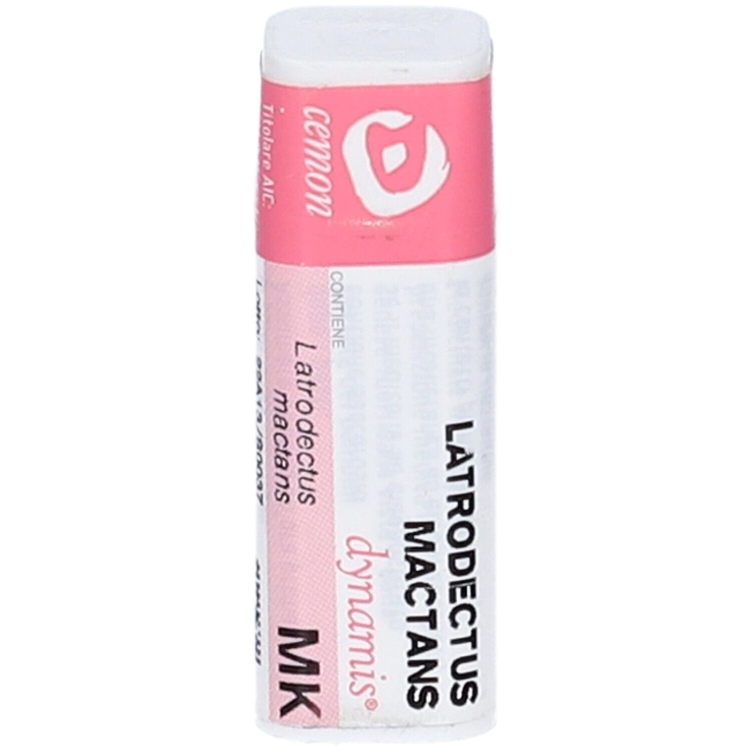 Confezione cilindrica con etichetta rosa e bianca. Scritta: LATRODECTUS MACTANS MK dynamis. Logo Cemon.